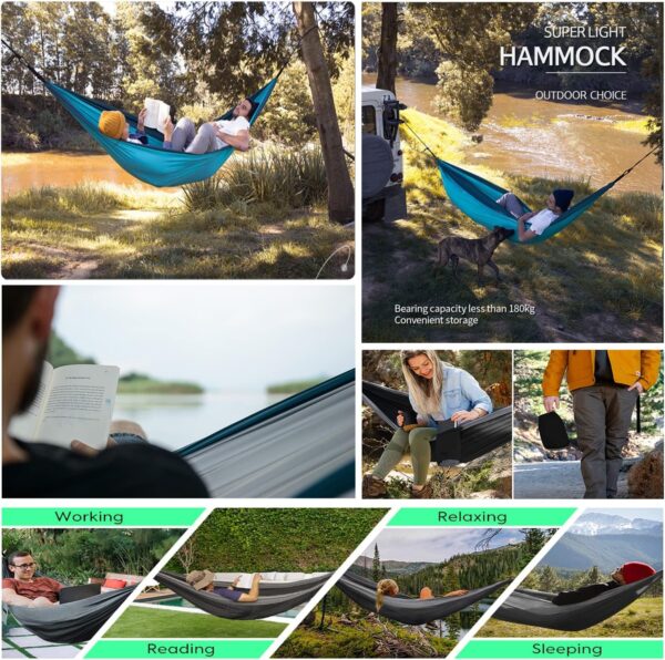 Hammock Camping, Portable Single/Double Hammocks for Outdoor Hiking Travel Backpacking - 210D Nylon Hammock Swing for Backyard & Garden (Green/Khaki) - Image 6