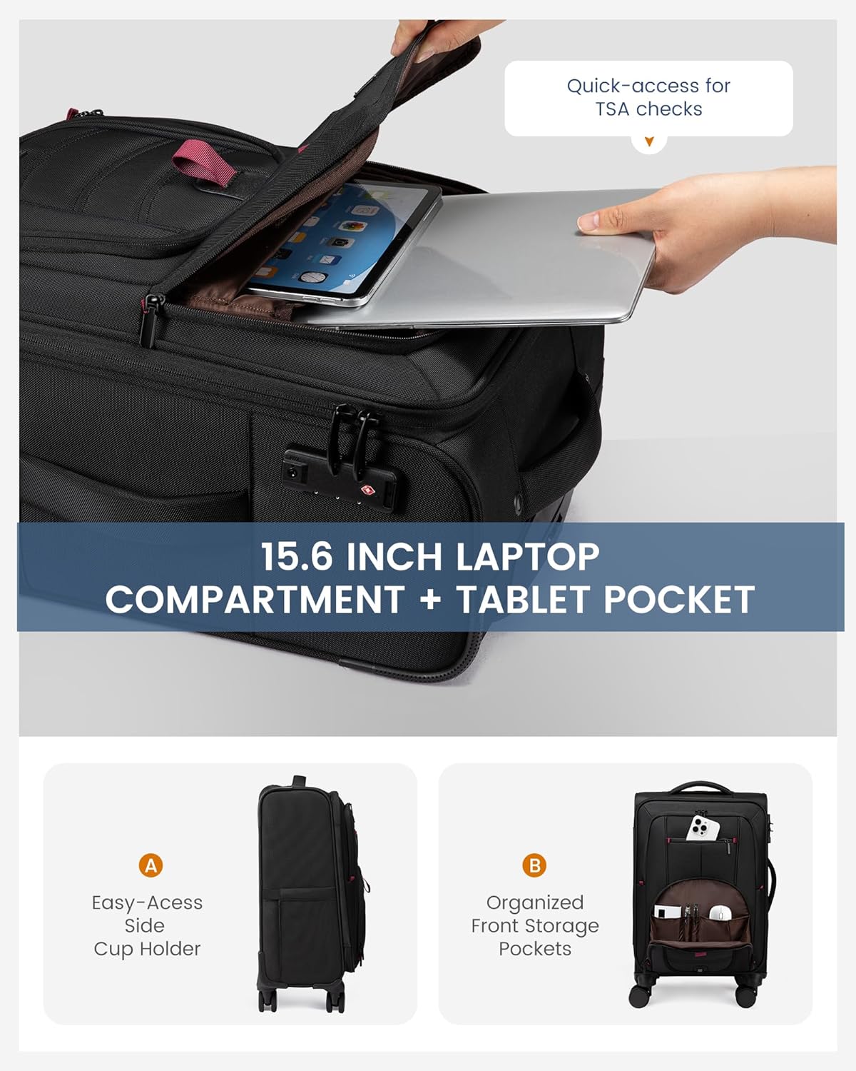 Carry On Luggage 22x14x9 Airline Approved, 22-Inch Suitcases with Spinner Wheels, Softside Carry-on Luggage with TSA Lock for Men Women Business Trip, Lightweight Large Capacity Luggage for Travel - Image 4