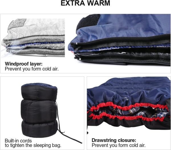 REDCAMP Cotton Flannel Sleeping Bag for Camping Backpacking, Adults Cold Weather Envelope Sleeping Bags with 2/3/4/6lbs Filling - Image 5