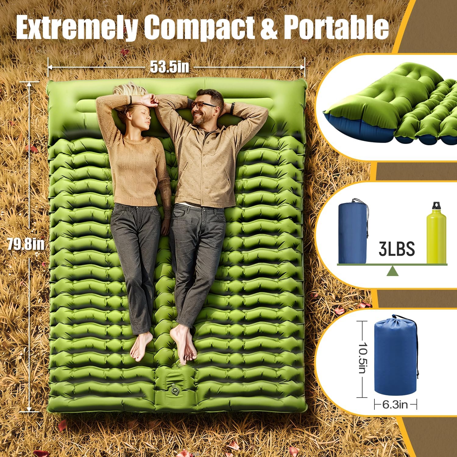 Double Sleeping Pad - Self Inflating 4" Extra-Thick for 2 Person with Pillow Built-in Foot Pump Inflatable Sleeping Mat for Backpacking, Hiking, Traveling, Tent, Portable Camping Mat - Image 3