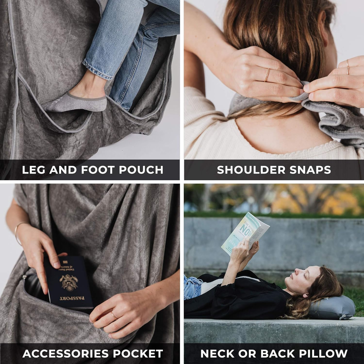 Lightweight Travel Blanket - Premium & Compact Airplane Wearable Blanket with Neck Snaps, Cozy Foot Pockets, Zipper Pouch - Converts into Soft Pillow - Designed for Ultimate Comfort - Shadow - Image 4