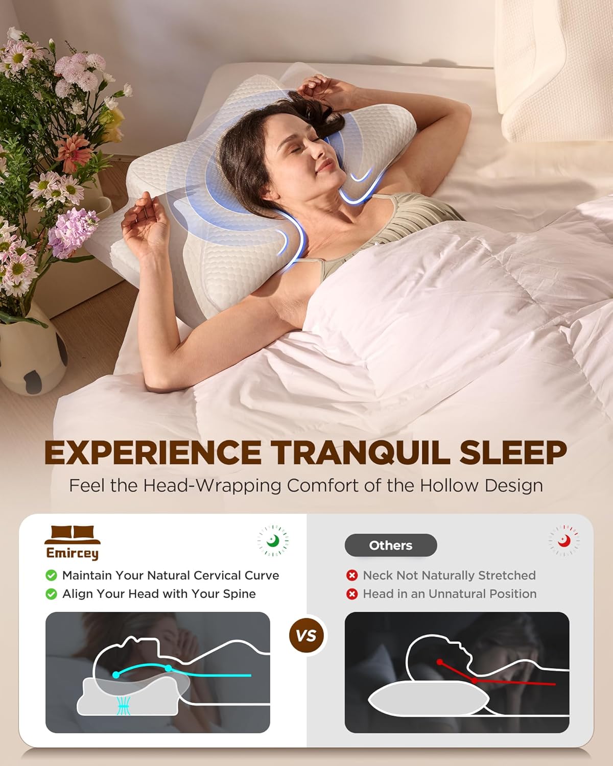 Dream Without Pain Cervical Neck Pillow for Sleeping, Ergonomic Side Sleeper Pillows for Adults, Cooling Orthopedic Pillow for Neck Relief Support, Memory Foam Pillows Back Stomach Sleepers - Image 3