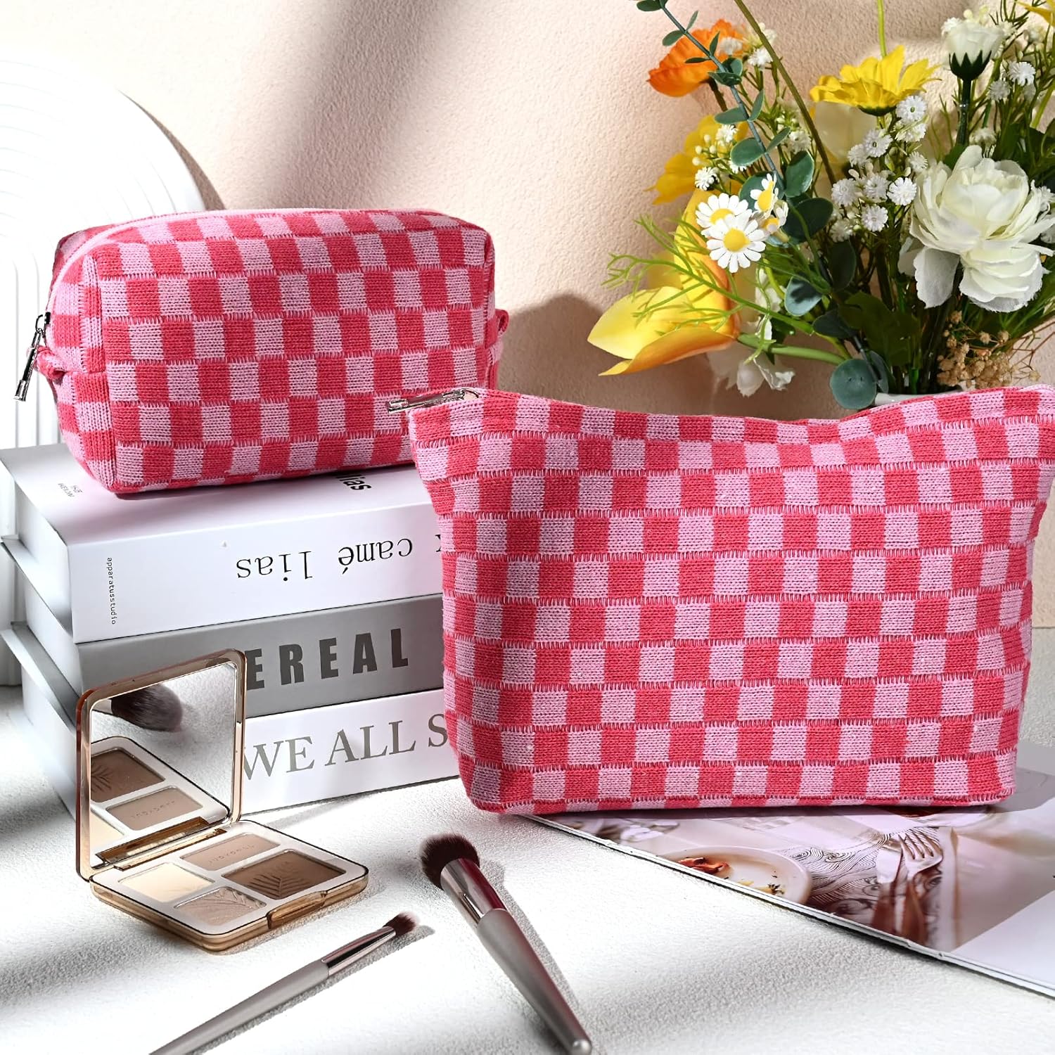 SOIDRAM 2 Pieces Makeup Bag Large Checkered Cosmetic Bag Capacity Canvas Mix Travel Toiletry Bag Organizer Cute Makeup Brushes Aesthetic Accessories Storage Bag for Women, Checkered Mix Rose Red - Image 3