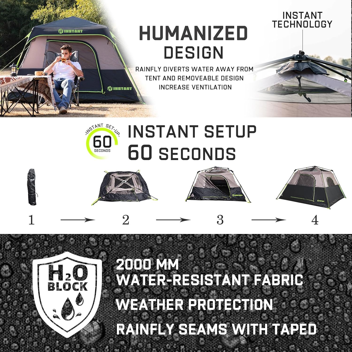 4/6/8 Person Instant Tent, Waterproof Pop Up Tents for Camping with Rainfly, 60 Seconds Easy Setup, Automatic Cabin Tent for Family Camping with Expandable Carry Bag & Upgraded Ventilation - Image 4