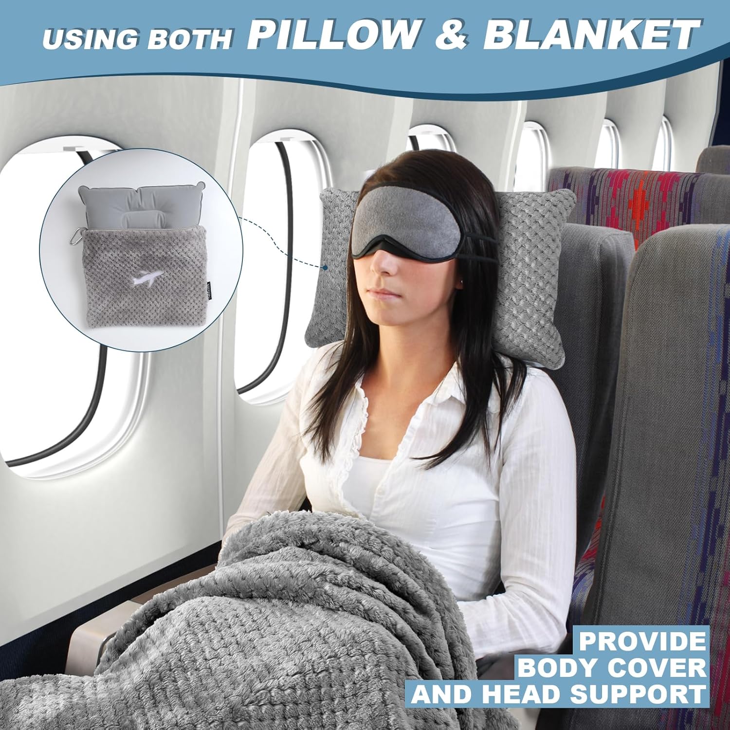 Travel Blanket Airplane Compact with Bag, Travel Essentials 3 in 1 Packable Airplane Blanket, Travel Pillow and Blanket Set, Inflatable Pillow, Luggage Sleeve & Backpack Clip (Light Grey) - Image 3