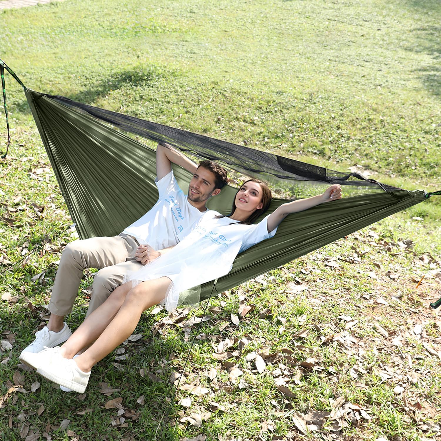 Camping Hammock with Mosquito Net and Ridge Rope, Extra Large for 2 Person, Lightweight Hanging Hammocks Tree Straps, All-in-one Fast Open Hammock for Outside, Hiking, and Travel - Image 7