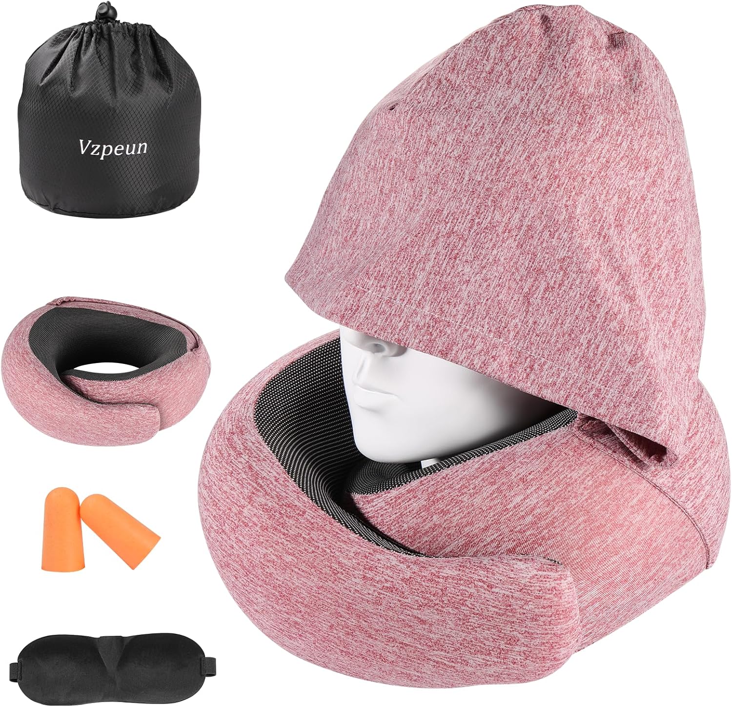 Travel Pillow - Hooded Neck Pillow Airplane Memory Foam Filling for Plane, Office, Cars Sleeping, Road Trip, Long Flights, Portable Plane Accessories, Includes Eye Mask & Earplugs (Red) - Image 2