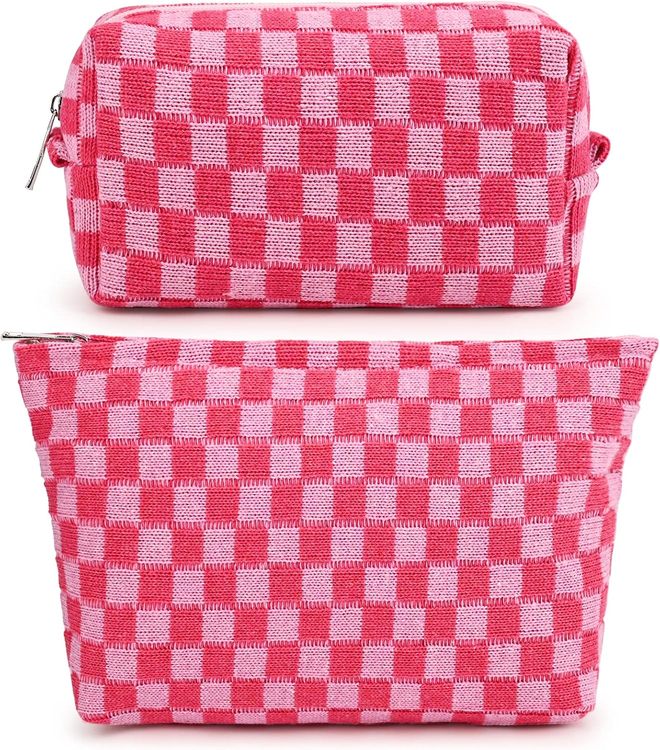 SOIDRAM 2 Pieces Makeup Bag Large Checkered Cosmetic Bag Capacity Canvas Mix Travel Toiletry Bag Organizer Cute Makeup Brushes Aesthetic Accessories Storage Bag for Women, Checkered Mix Rose Red - Image 2