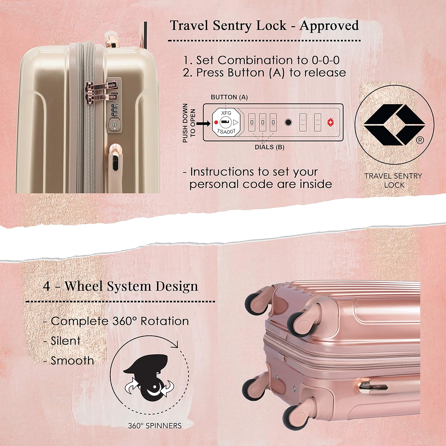 kensie 20" "Alma" Carry-On TSA-Lock Spinner Luggage, Rose Gold - Image 3