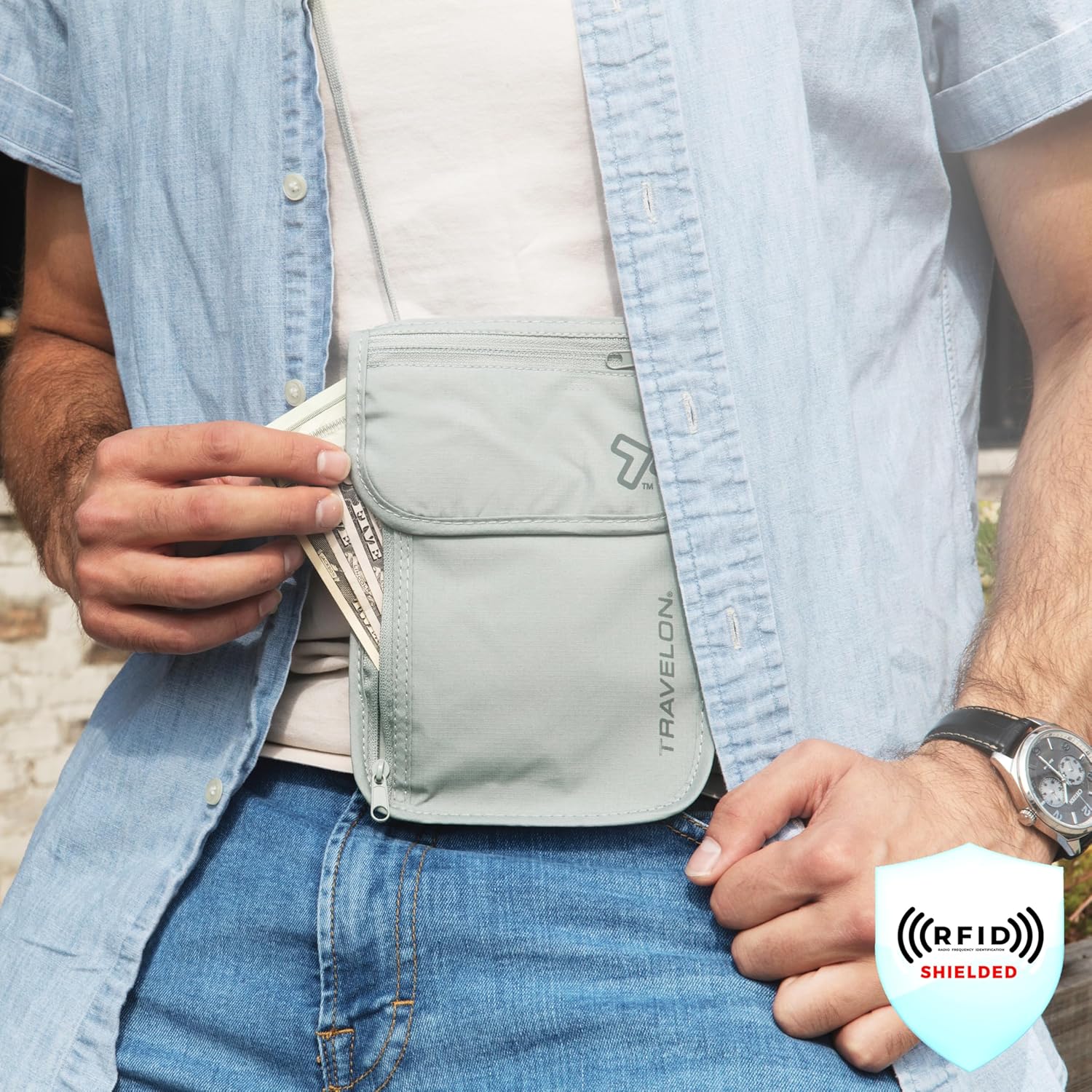 Travelon Rfid Blocking Undergarment Neck Pouch Travel Wallet, Gray, One Size - Image 4