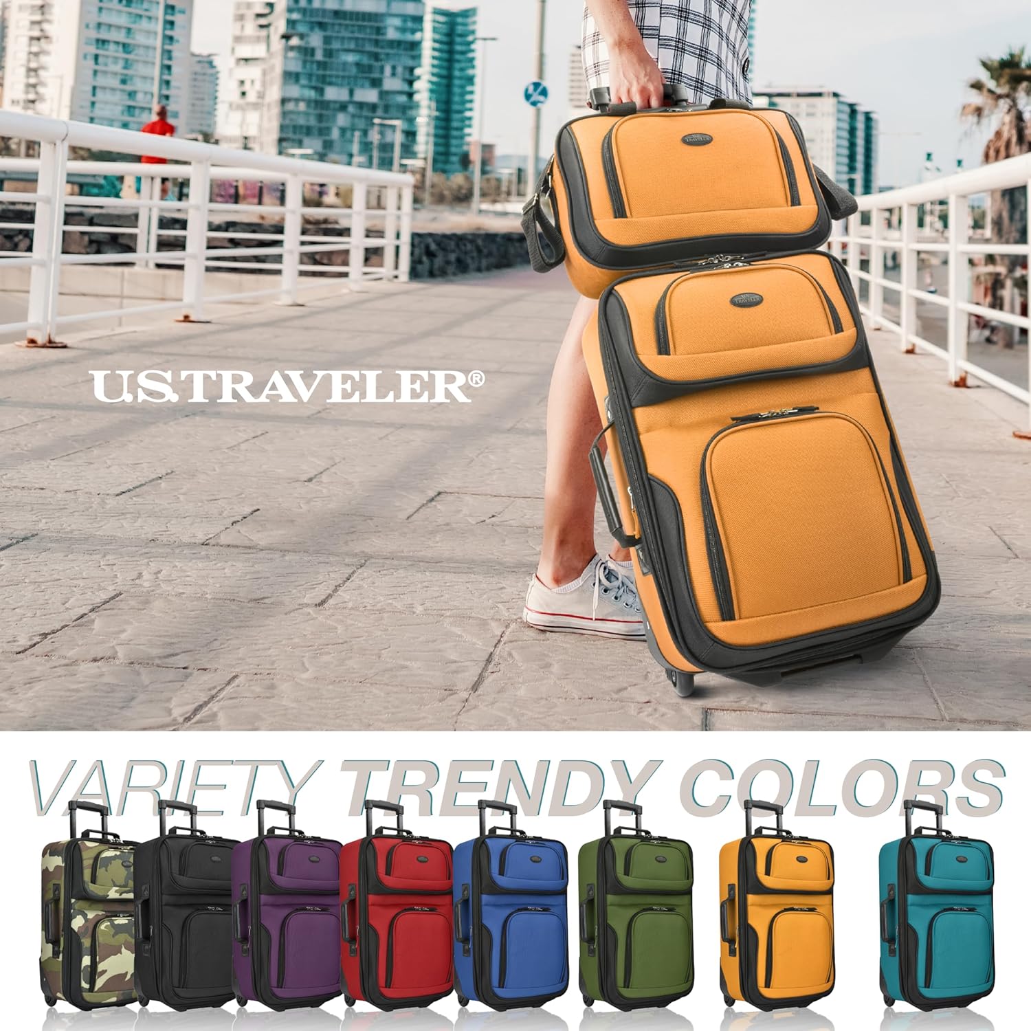 U.S. Traveler Rio Fabric Expandable Carry-on Luggage, Rolling Suitcase, Orange, 2 Wheel Set - Image 8
