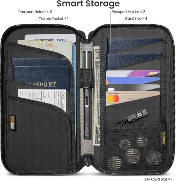 tomtoc Passport Holder Family with RFID Blocking, Passport Wallet Women Men, with Airtag & Sim Card Holder and Eject Pin, Travel Document Organizer with Wrist Strap, Up to 4 Passports, Water-resistant - Image 4