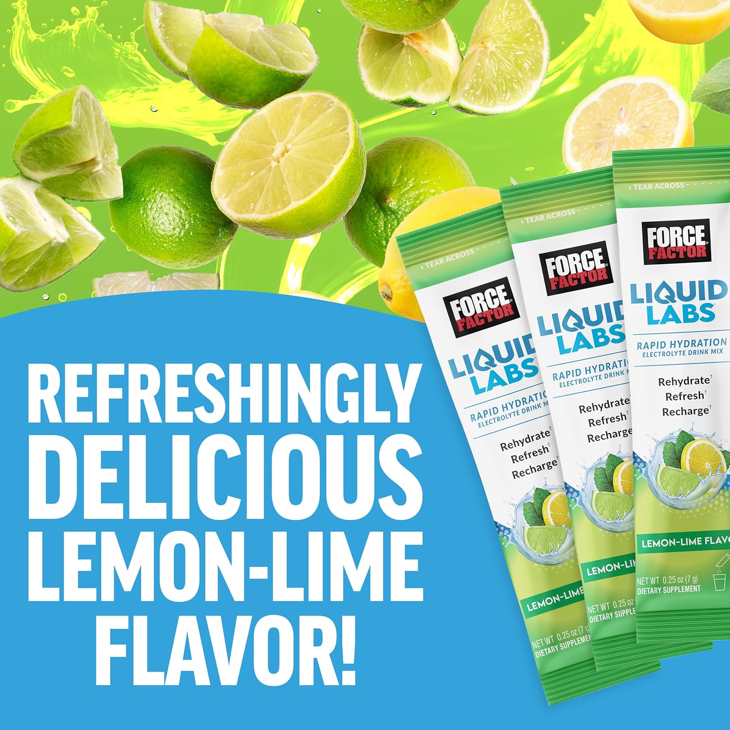 FORCE FACTOR Liquid Labs Electrolytes Powder Packets—Lemon Lime—Hydration Packets to Make Electrolyte Water with 5 Essential Electrolytes, Vitamins, Minerals, and Antioxidants, 20 Stick Packs - Image 4