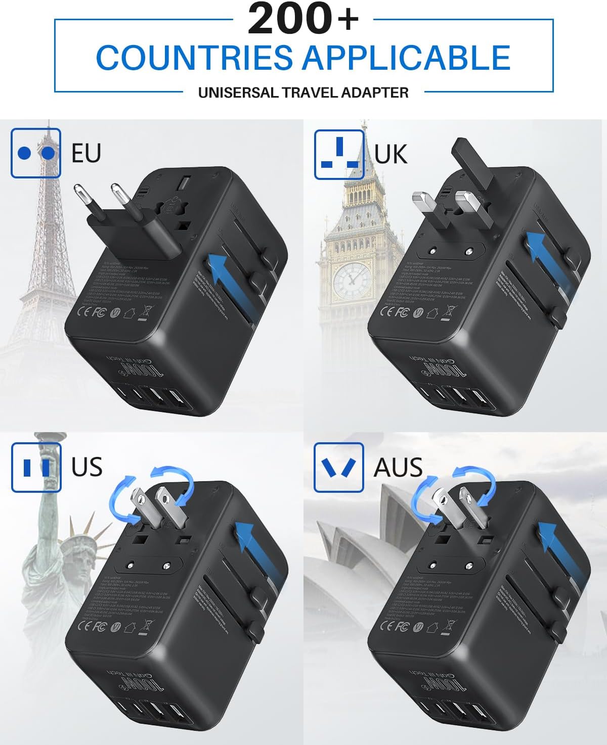 DOACE Universal Travel Adapter, 100W GaN 3.0 European Travel Plug Adapter with Built-in USB-C Cable, 6 in 1 International Power Adapter with 5 USB Ports for EU/UK/USA/AUS(Black) - Image 5