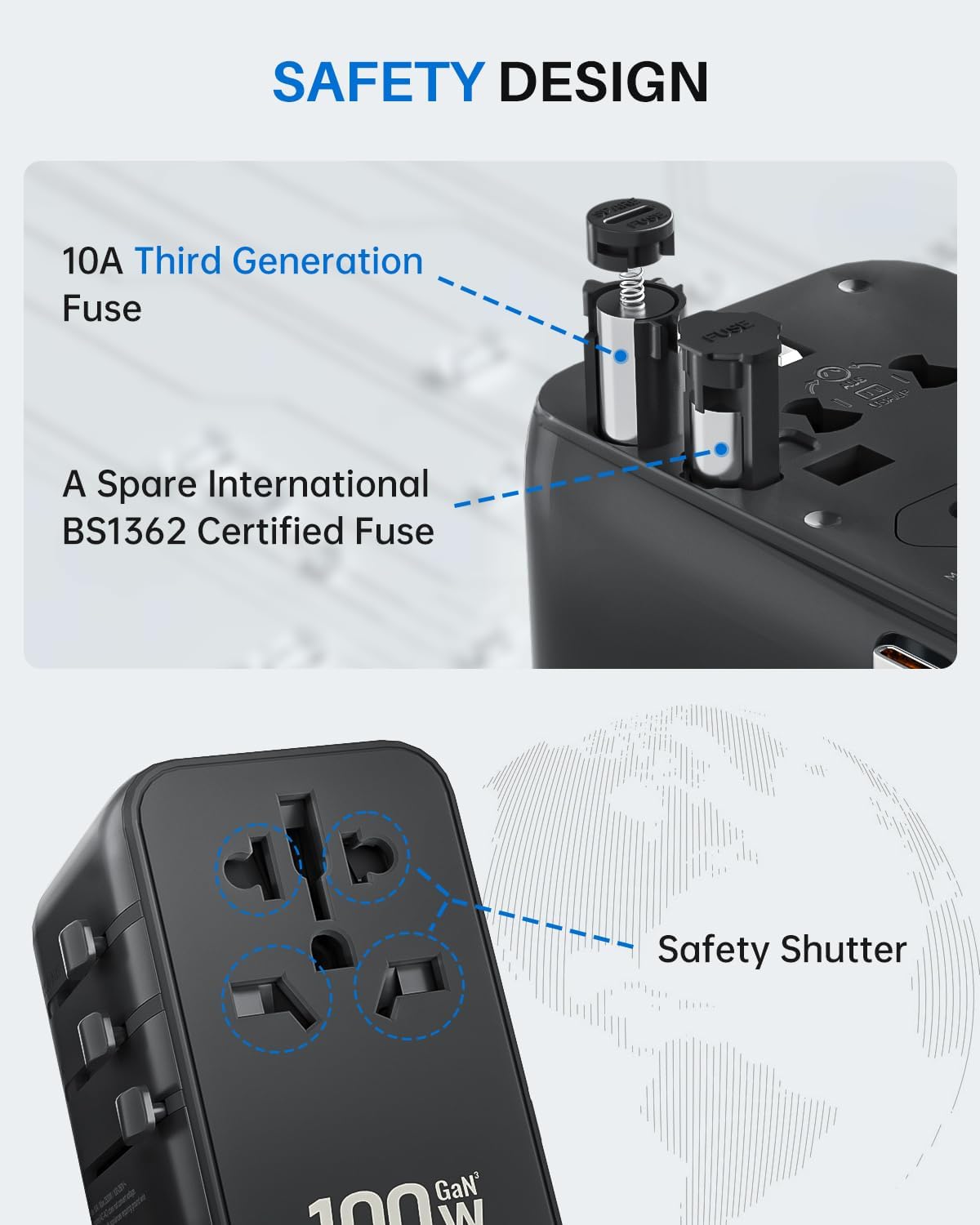 DOACE Universal Travel Adapter, 100W GaN 3.0 European Travel Plug Adapter with Built-in USB-C Cable, 6 in 1 International Power Adapter with 5 USB Ports for EU/UK/USA/AUS(Black) - Image 7