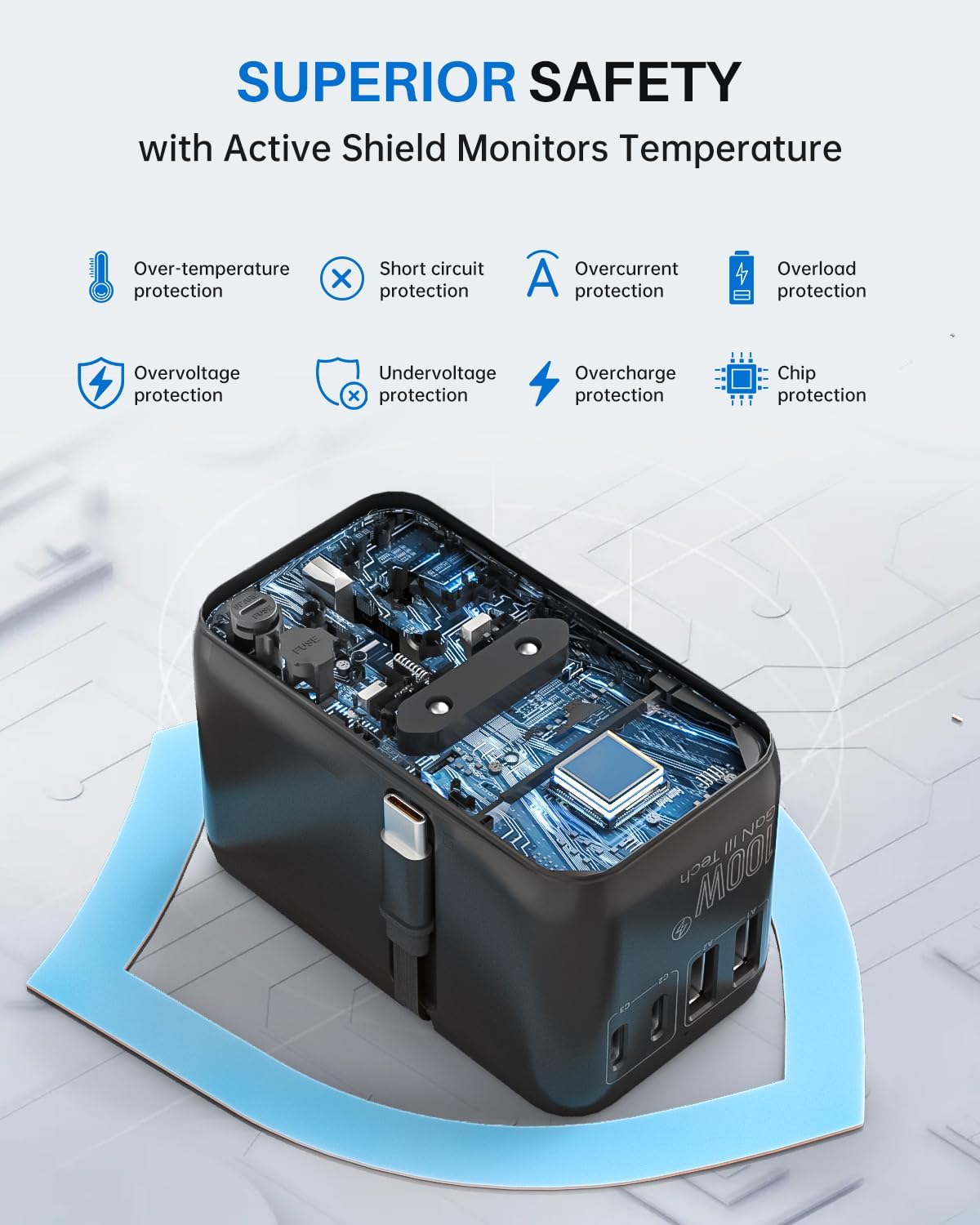 DOACE Universal Travel Adapter, 100W GaN 3.0 European Travel Plug Adapter with Built-in USB-C Cable, 6 in 1 International Power Adapter with 5 USB Ports for EU/UK/USA/AUS(Black) - Image 8