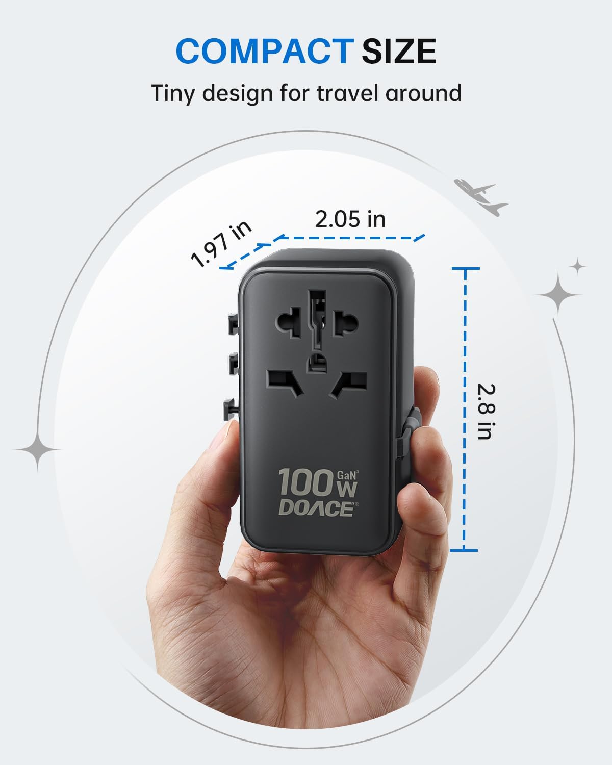 DOACE Universal Travel Adapter, 100W GaN 3.0 European Travel Plug Adapter with Built-in USB-C Cable, 6 in 1 International Power Adapter with 5 USB Ports for EU/UK/USA/AUS(Black) - Image 9