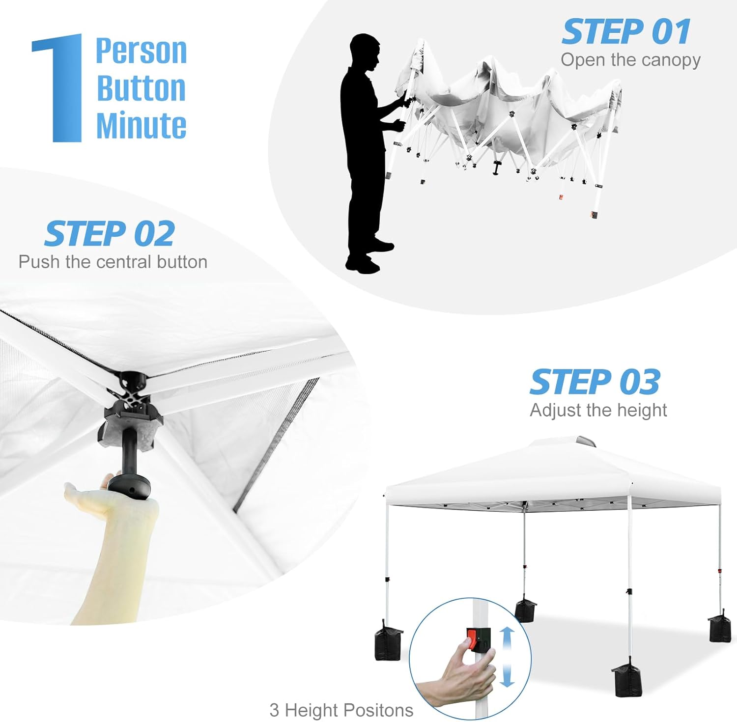 WEIZE Pop up Canopy Tent 10x10ft, 1-Button Push Setup, Instant Portable Shelter, Adjustable Height, Portable Roller Bag, 4 Weight Bags, Guy Ropes & Stakes Included, White - Image 3
