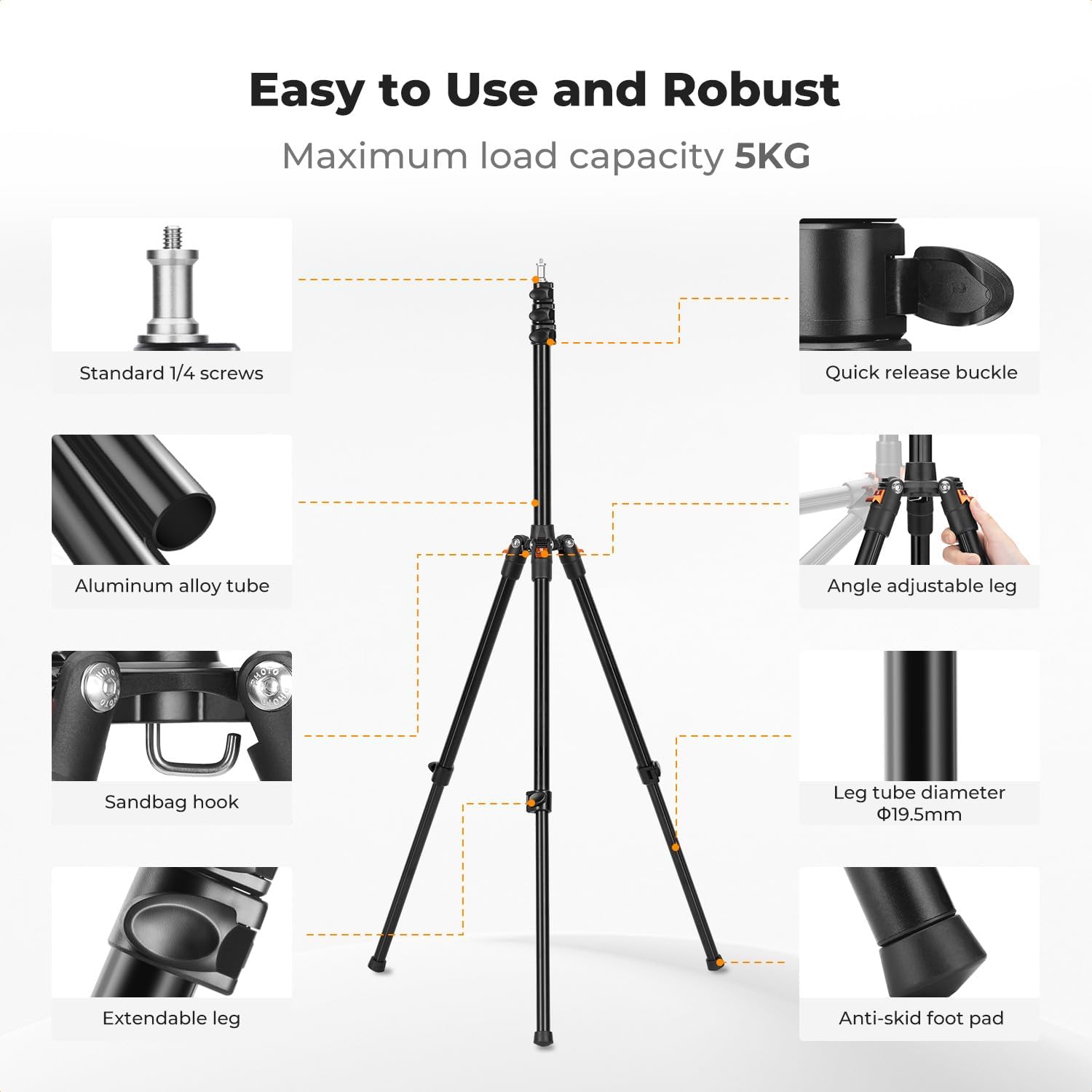 K&F CONCEPT Light Stand, 2.6m/8.5FT Aluminum Light Stand Tripod with Ball Head & Phone Tablet Holder, Portable Photography Stand for Studio Video, Ring Light, Softbox, Camera - Image 6