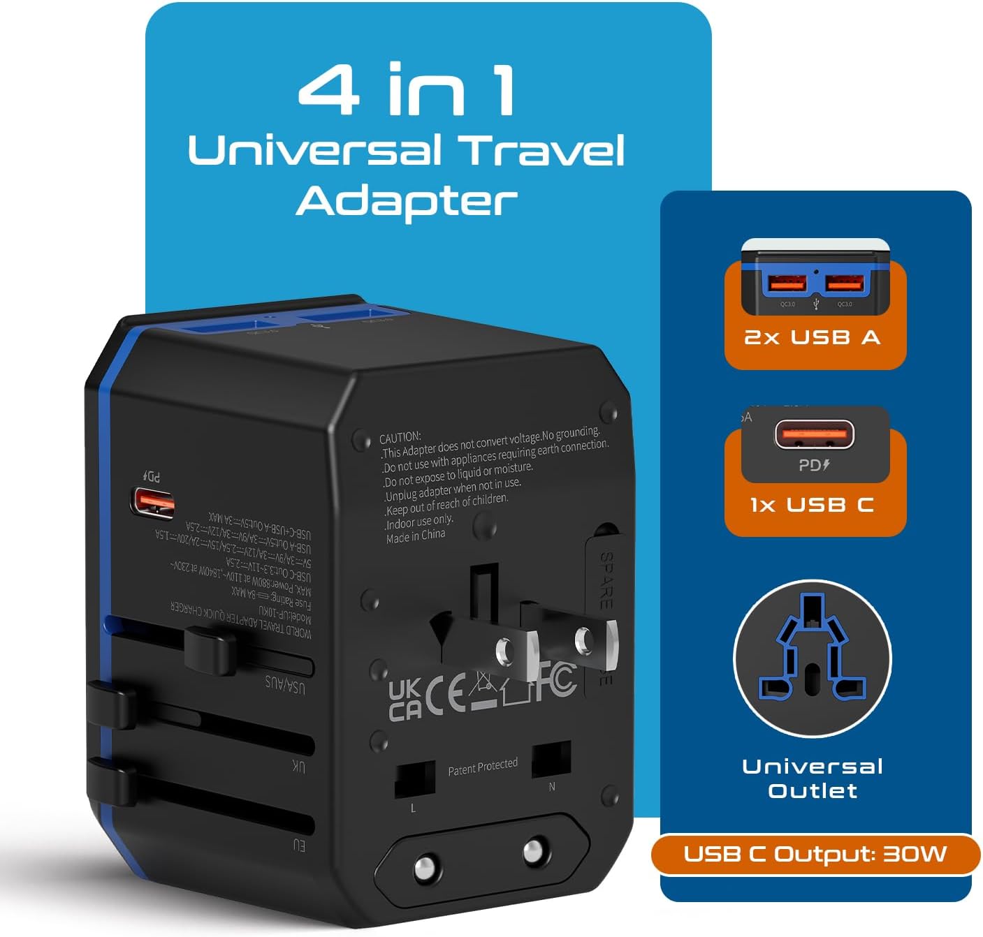 Ceptics International Power Adapter, World Travel adapter w/ PD 30W USB-C - 2 USB-A Ports Universal Adapter, Type A C G I Output for worldwide use, UP-10KU - Image 3