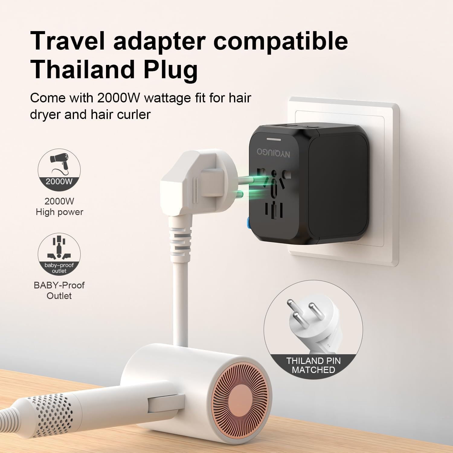 NYQIUGO Universal International Power Travel Plug Adapter with 3 USB Ports (1 USB C), Worldwide Plug Adaptor Wall Charger for USA to Europe UK France Germany Spain Ireland Australia (Type C/G/A/I) - Image 5
