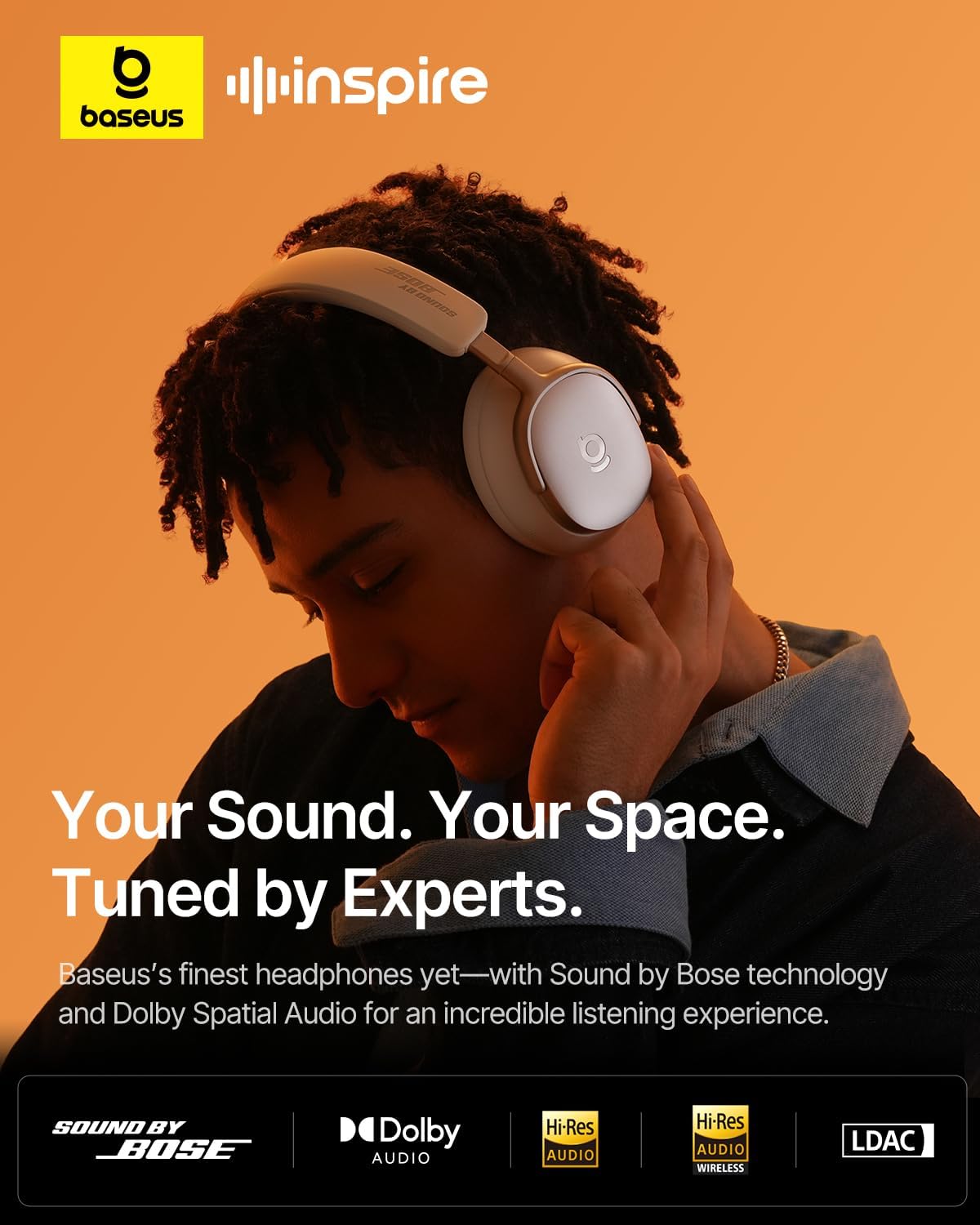 Baseus Inspire XH1 Adaptive Active Noise Cancelling Headphones, Sound by Bose, Dolby Audio, Premium Real-Time Adaptive ANC, Adaptive Rich Sound, Hi-Res Audio, 100H Playtime - Starlight Off-White - Image 3