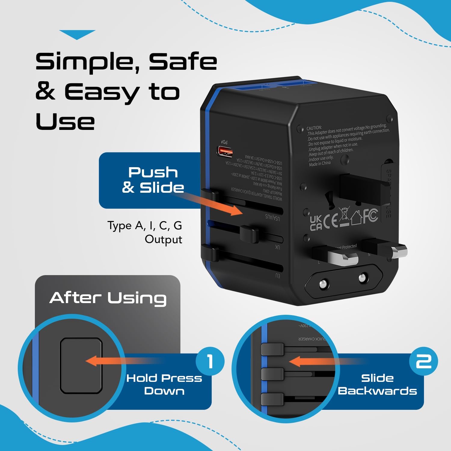Ceptics International Power Adapter, World Travel adapter w/ PD 30W USB-C - 2 USB-A Ports Universal Adapter, Type A C G I Output for worldwide use, UP-10KU - Image 9