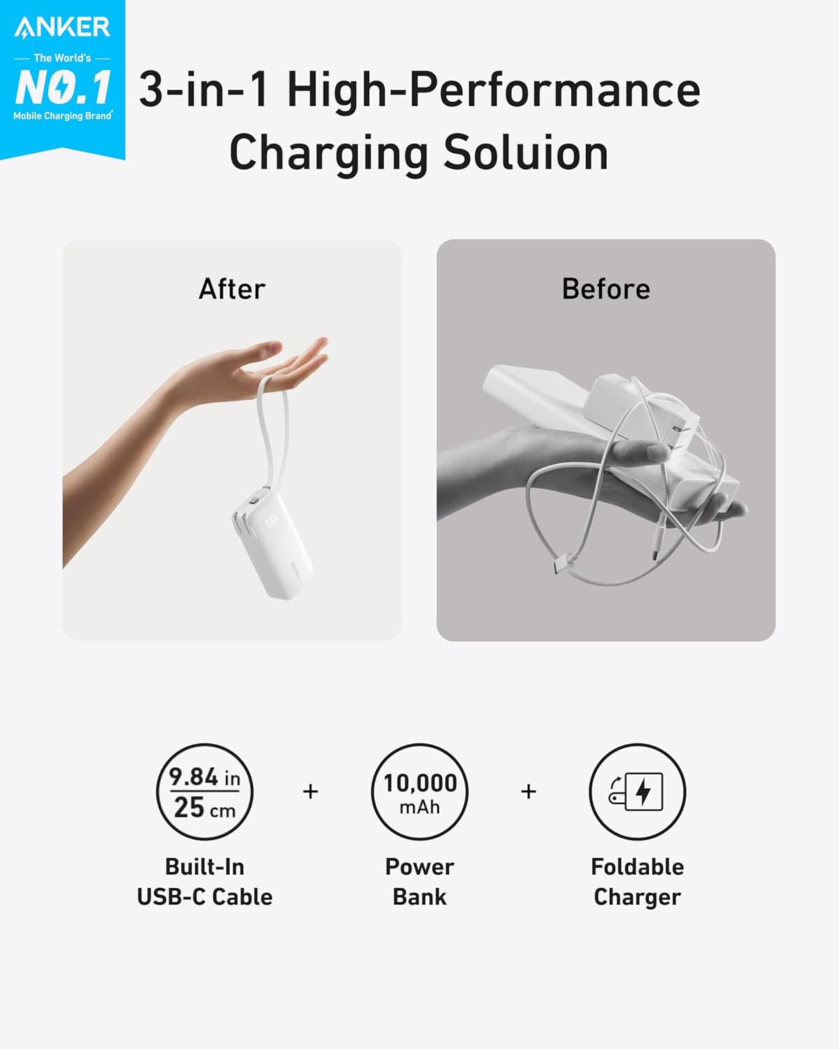 Anker Nano 3-in-1 Portable iPhone Charger, 10,000mAh Power Bank with Built-in USB-C Cable and Foldable Wall Plug, 30W Max Battery Pack, Travel Essentials for iPhone 16/15 Series, Galaxy, MacBook - Image 3