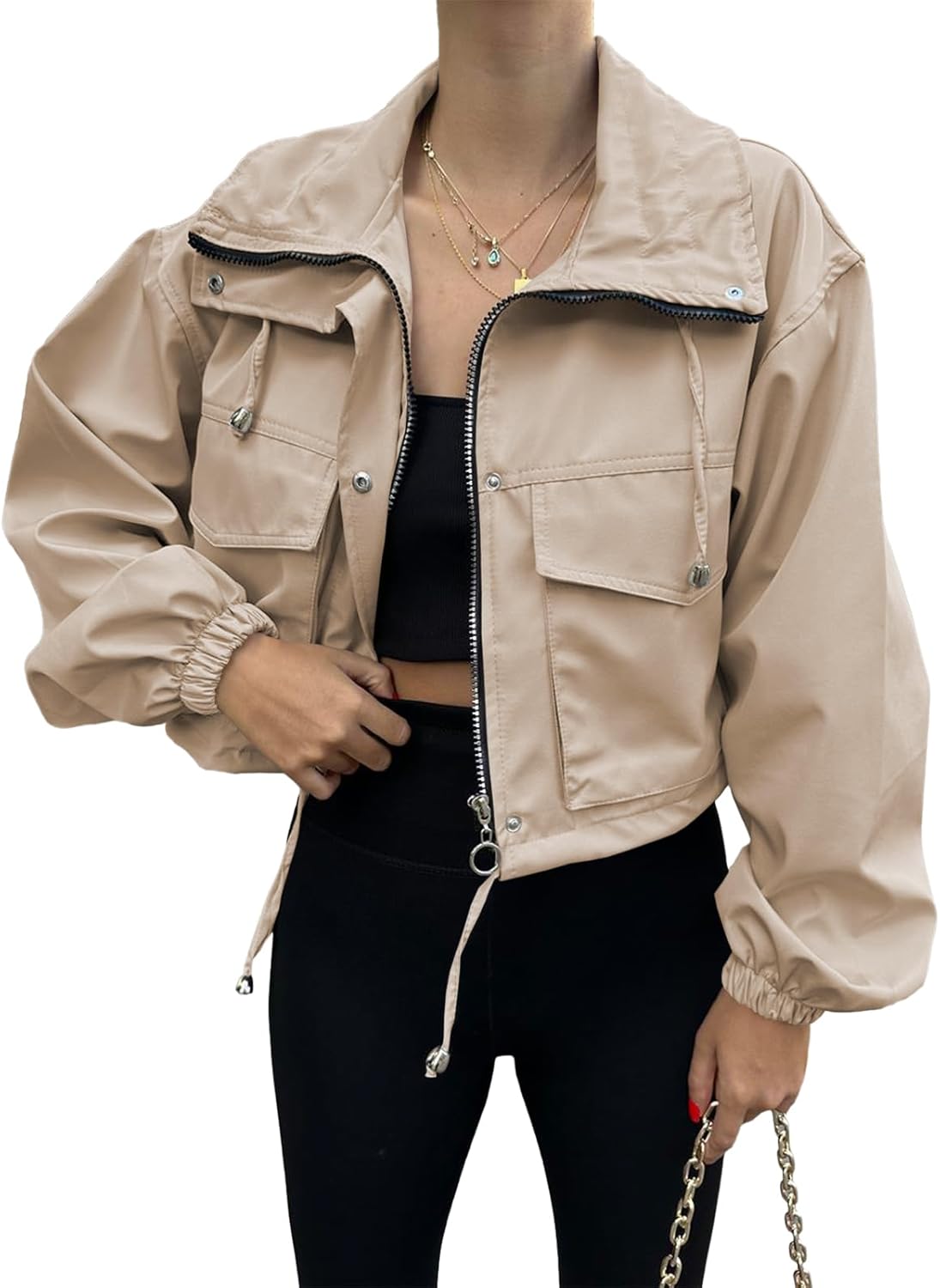 Tankaneo Womens Cropped Jacket Zip Up Lightweight Oversized Utility Anorak Coat with Pockets - Image 3