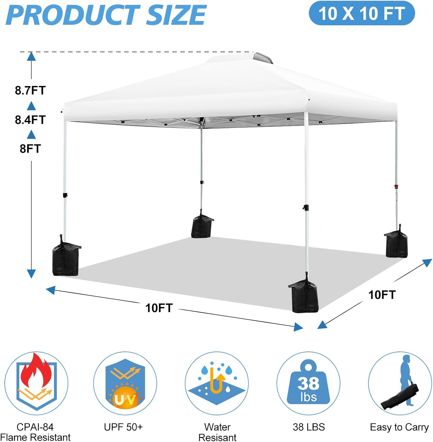 WEIZE Pop up Canopy Tent 10x10ft, 1-Button Push Setup, Instant Portable Shelter, Adjustable Height, Portable Roller Bag, 4 Weight Bags, Guy Ropes & Stakes Included, White - Image 4