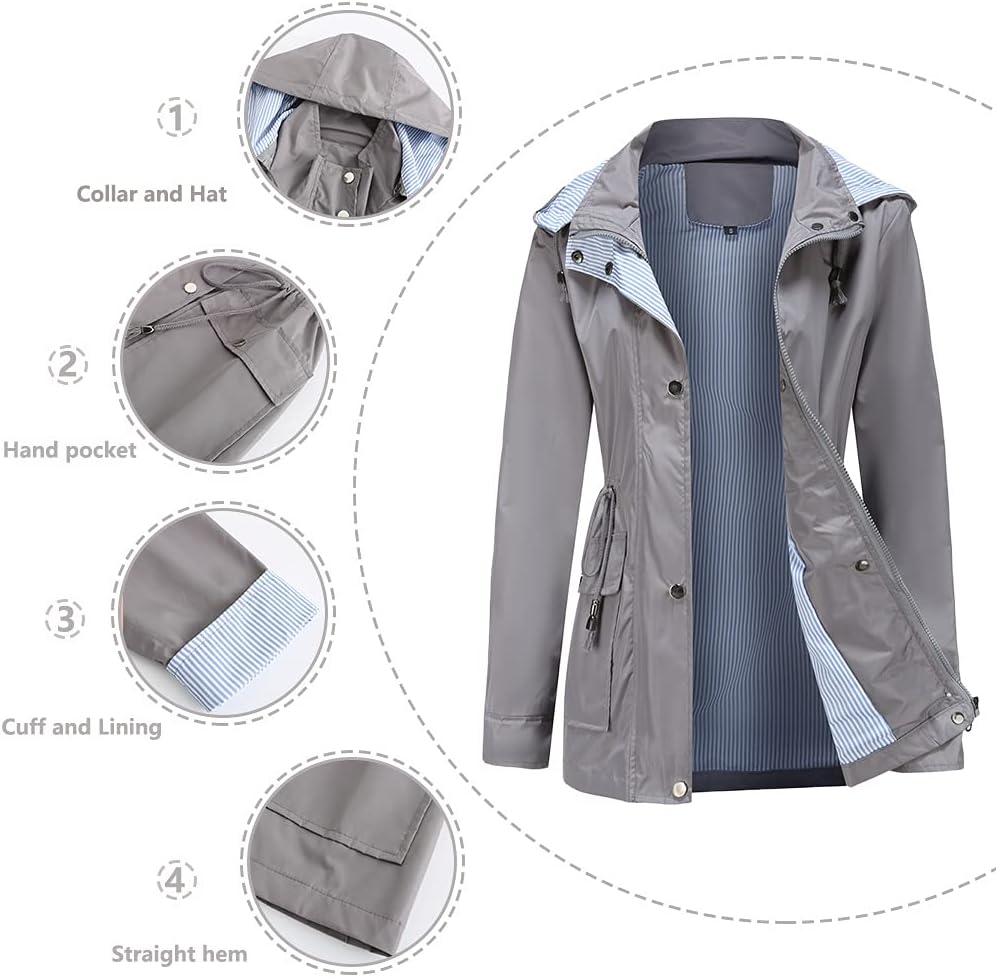 Womens Raincoat Windbreaker Waterproof Lightweight Lined Hooded Rain Jacket - Image 5