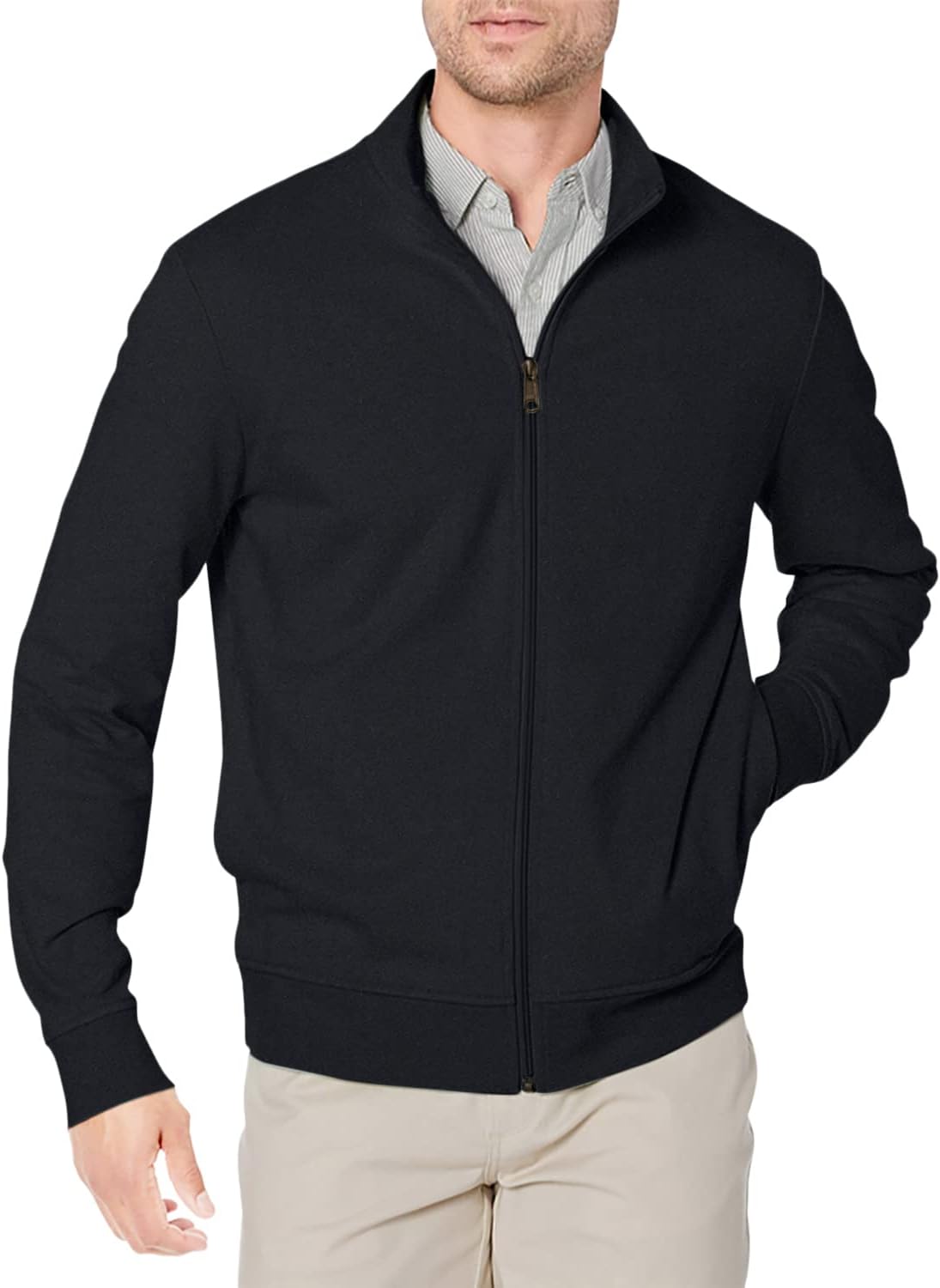 Amazon Essentials Men's Zip Up Sweatshirt, Lightweight French Terry, Mock Neck, Black, Large - Image 2