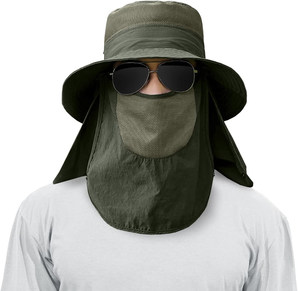 3 Pack Mens Outdoor Wide Brim Fishing Hat,UPF 50+ Sun Protection Cap with Face Neck Flap for Hiking & Garden - Image 3