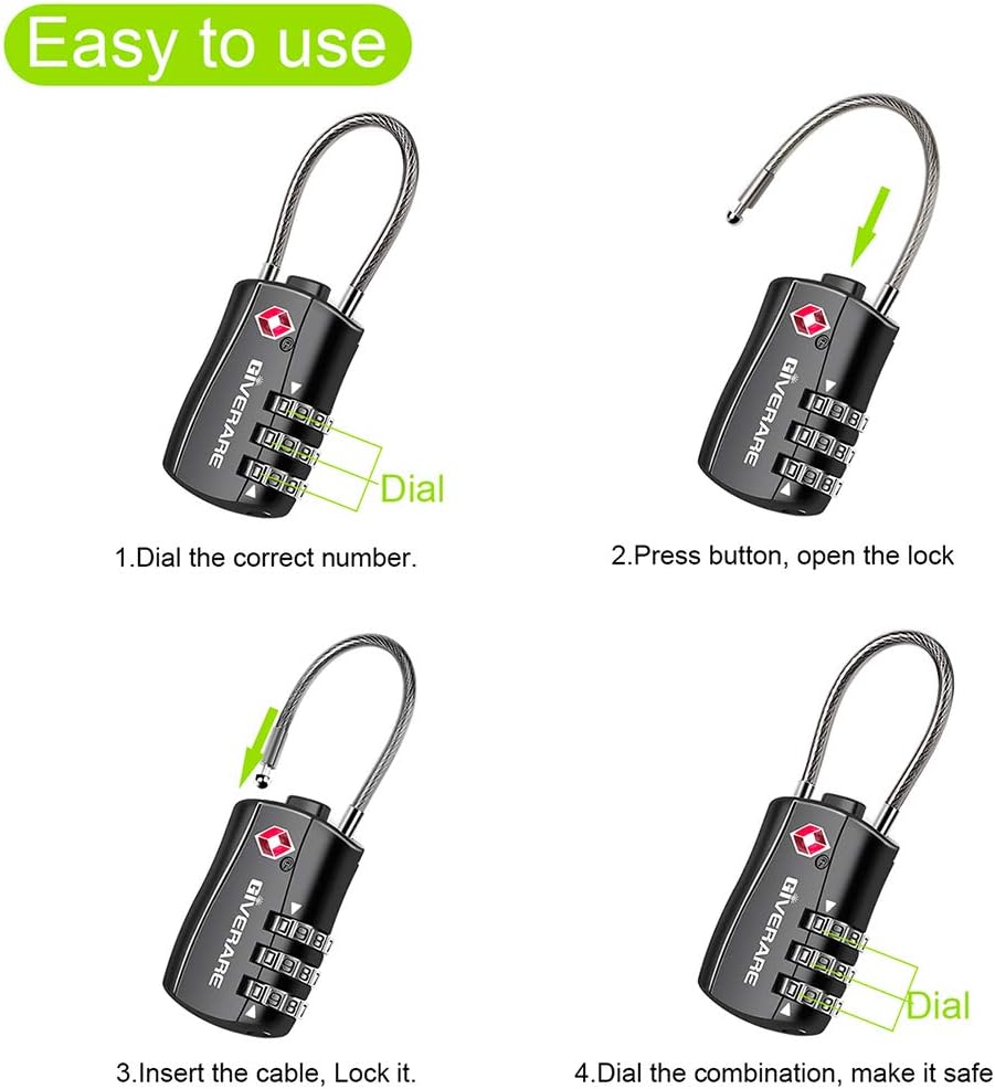 GIVERARE 2 PCS TSA Approved Luggage Locks, Combination Travel Cable Lock, Re-settable 3-Digit Padlocks with Alloy Body, Keyless Travel Sentry Accepted Padlock for Gym Locker, Golf Bag Case-Black - Image 7