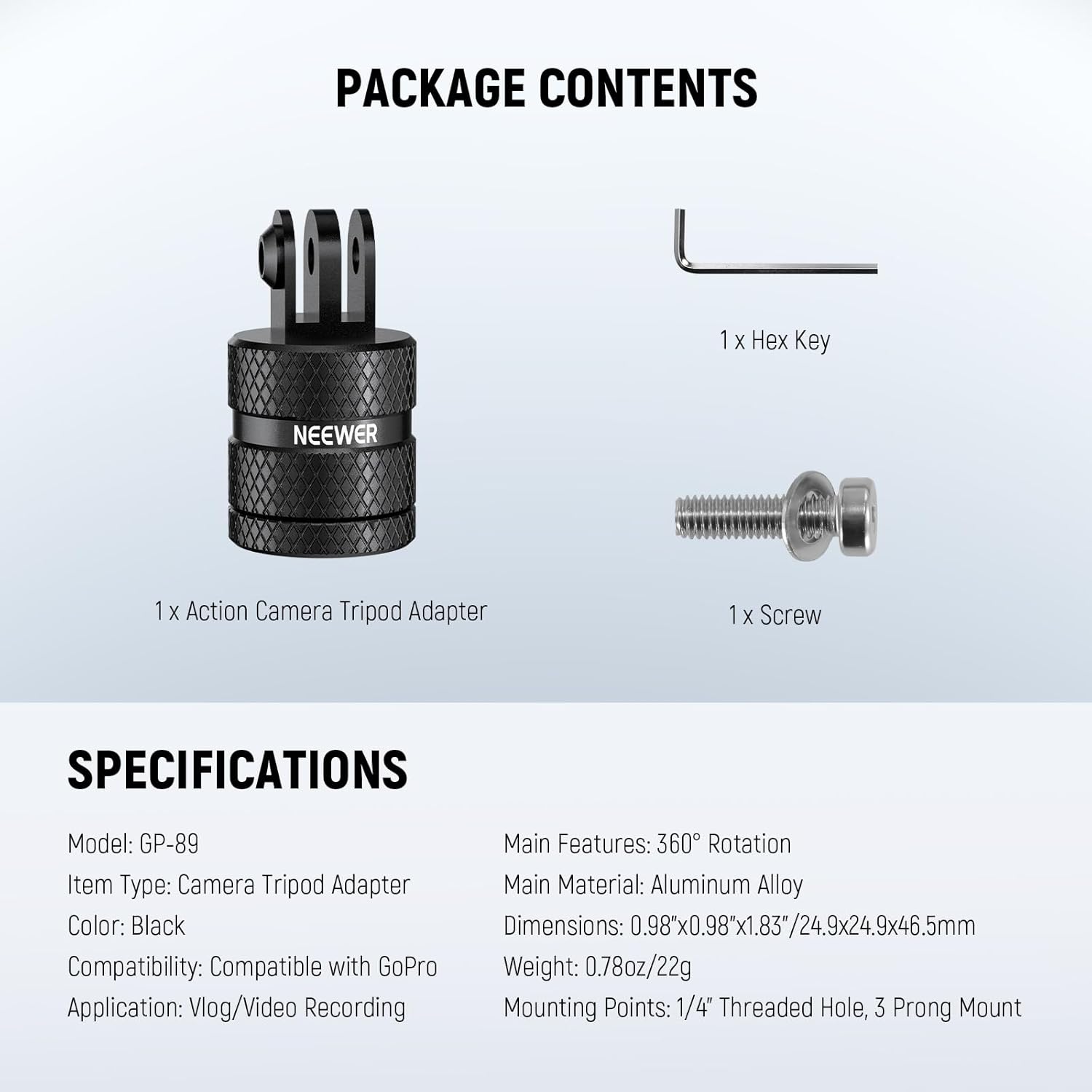 NEEWER Action Camera Tripod Mount Adapter Compatible with GoPro Hero 13 Go Pro 12 11 10 9 Black DJI Osmo Action 5 Pro 4 3, 360° Swivel 1/4"-20 to 3 Prong Mount for Standard 1/4 Accessories, GP-89 - Image 8