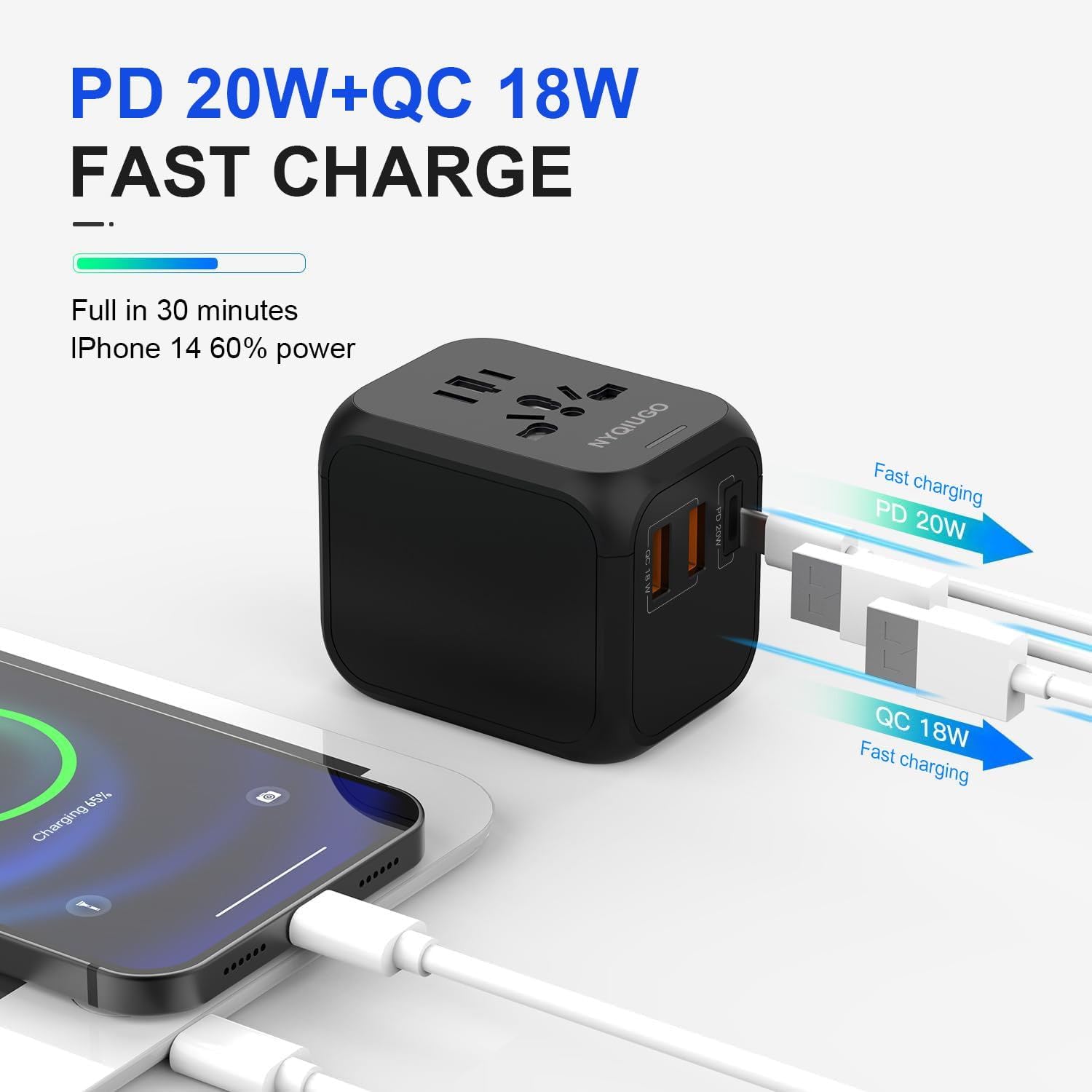 NYQIUGO Universal International Power Travel Plug Adapter with 3 USB Ports (1 USB C), Worldwide Plug Adaptor Wall Charger for USA to Europe UK France Germany Spain Ireland Australia (Type C/G/A/I) - Image 4