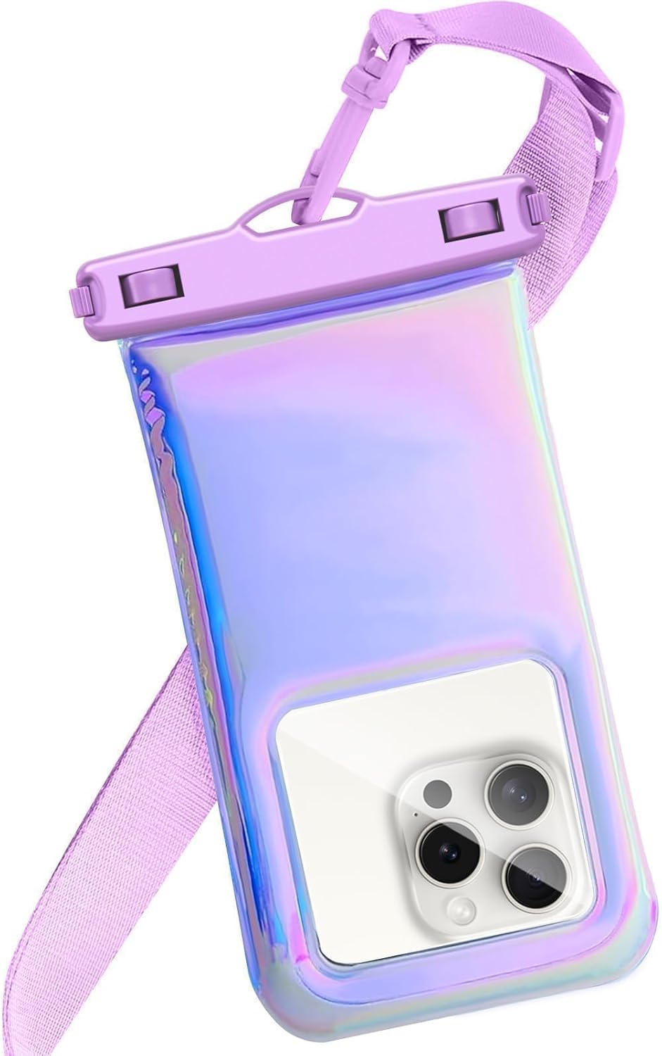 Floatable Waterproof Phone Pouch Case for iPhone 17 16 Pro Max/15/14/13/12, IP68 Travel Cellphone Dry Bag Beach Cruise Ship Essentials Bags with Crossbody Lanyard, Iridescent Purple - 7″ - Image 2