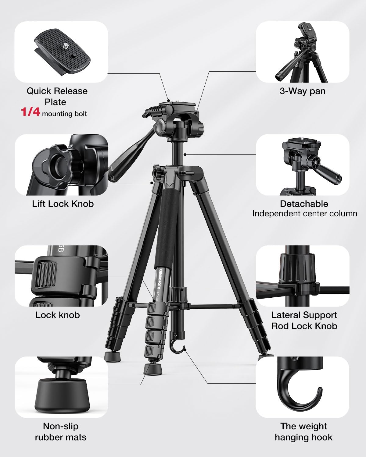 CAMBOFOTO 73" Camera Tripod and Monopod, Professional Aluminum Tripod Stand for Mirrorless Camera/DSLR/Cell Phone/Camcorder/GoPro, with Phone Holder and Travel Bag (Black) - Image 7