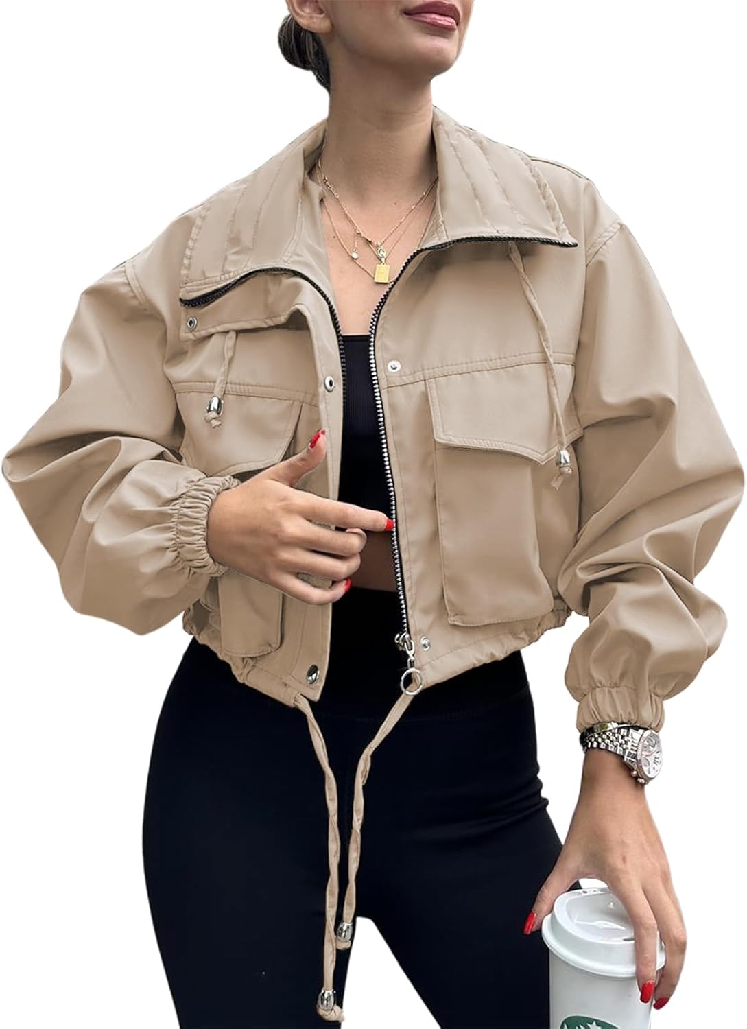 Tankaneo Womens Cropped Jacket Zip Up Lightweight Oversized Utility Anorak Coat with Pockets - Image 2