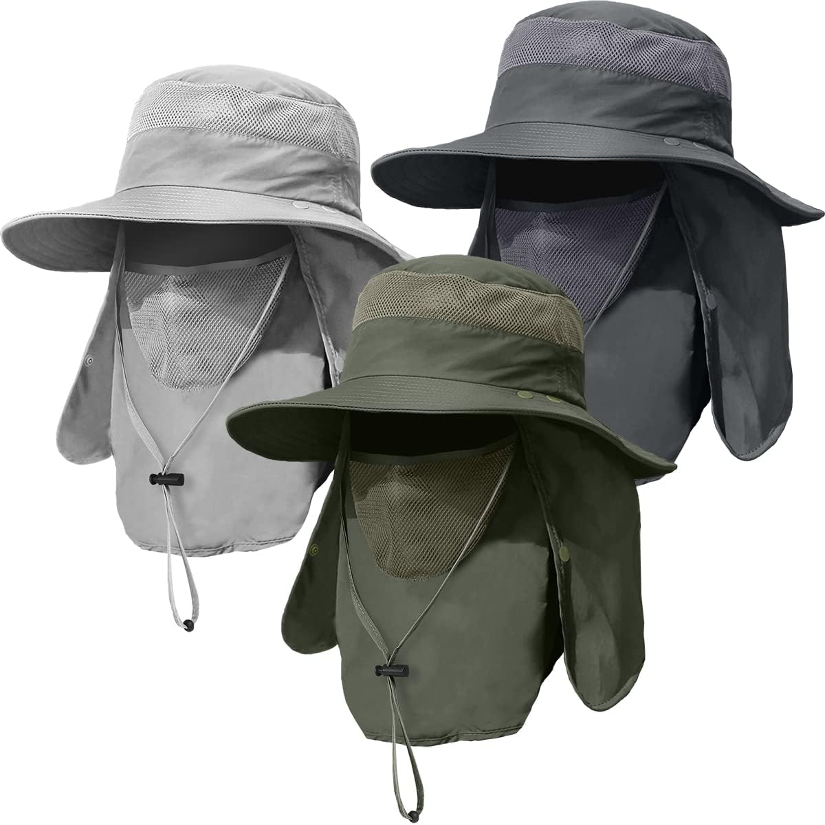 3 Pack Mens Outdoor Wide Brim Fishing Hat,UPF 50+ Sun Protection Cap with Face Neck Flap for Hiking & Garden - Image 2