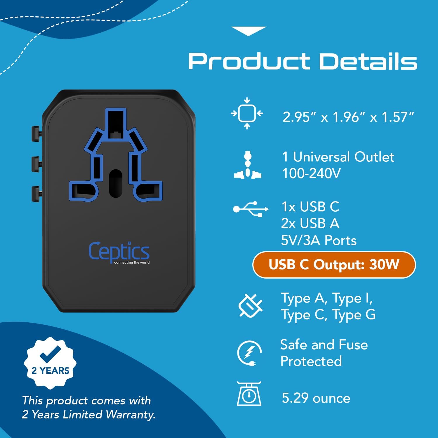 Ceptics International Power Adapter, World Travel adapter w/ PD 30W USB-C - 2 USB-A Ports Universal Adapter, Type A C G I Output for worldwide use, UP-10KU - Image 4