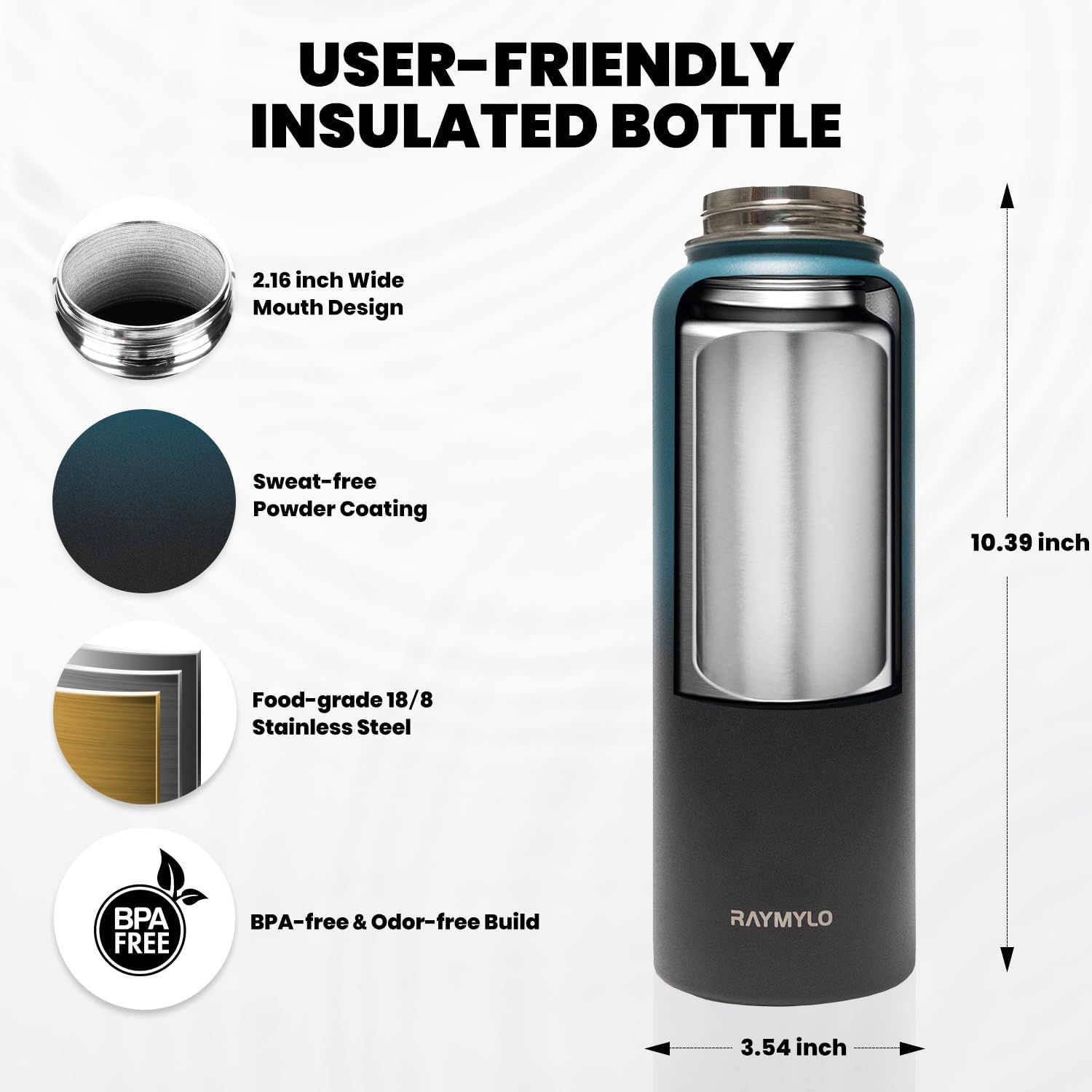 Insulated Water Bottle 40 oz, Triple Wall Vacuum Stainless Steel (Cold for 48 Hrs), Leak Proof & Non-BPA, Modern Water Flask Jug with Paracord Handle & Straw Spout Lids, Indigo/Black - Image 6
