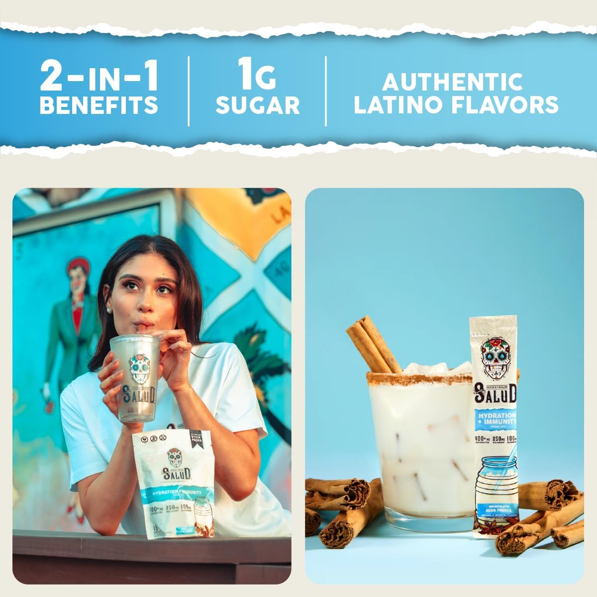 Salud 2-in-1 Hydration Packets + Immunity Electrolytes Powder, Horchata - Agua Fresca Drink Mix, Elderberry, Dairy & Soy Free, Non-GMO, Gluten Free, Vegan, Low Calorie, 1g Sugar (15 Servings) - Image 3