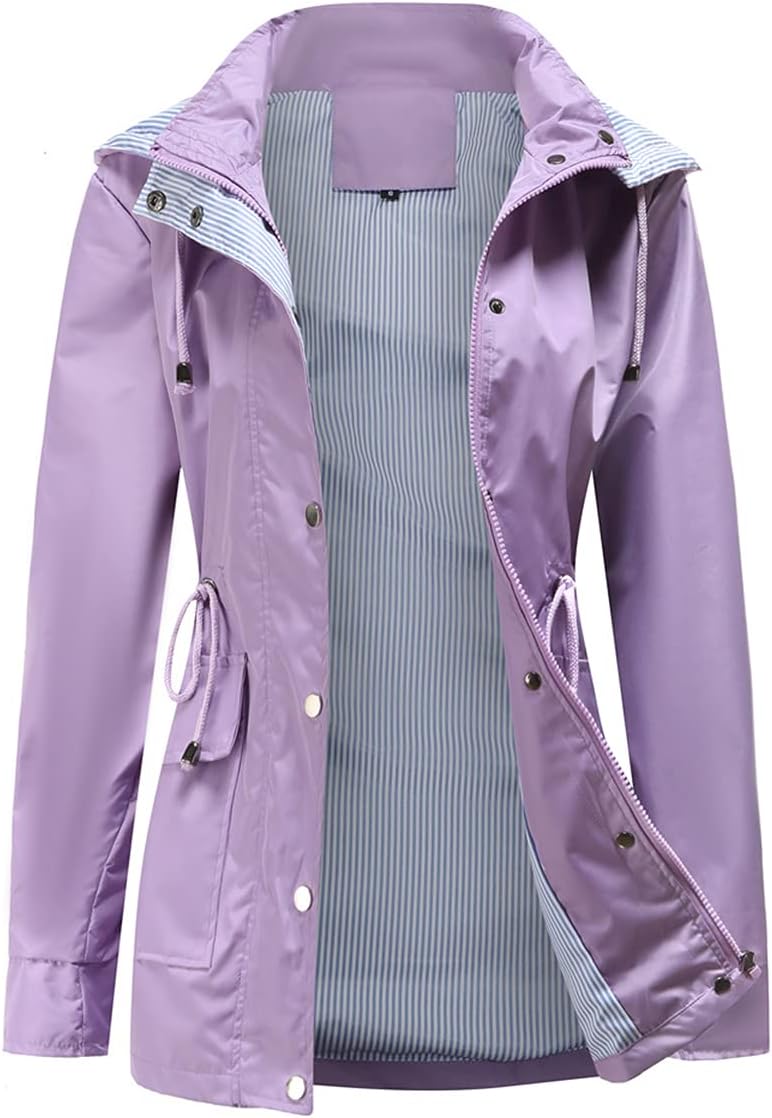 Womens Raincoat Windbreaker Waterproof Lightweight Lined Hooded Rain Jacket - Image 2