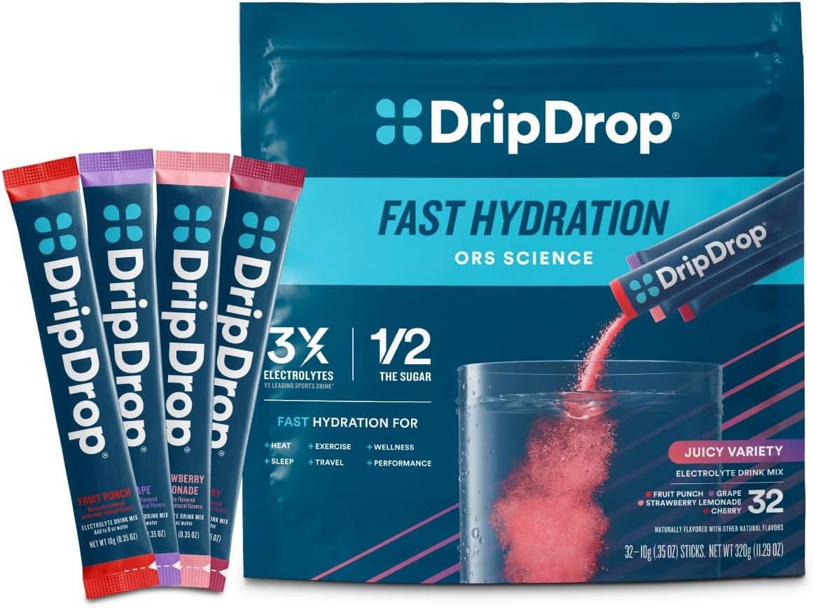 DripDrop Hydration Packets - Juicy Variety Pack - Single Serve Electrolytes Powder Drink Mix - Grape, Fruit Punch, Strawberry Lemonade, Cherry - Non-GMO, Gluten Free, Vegan - 32 Sticks - Image 2