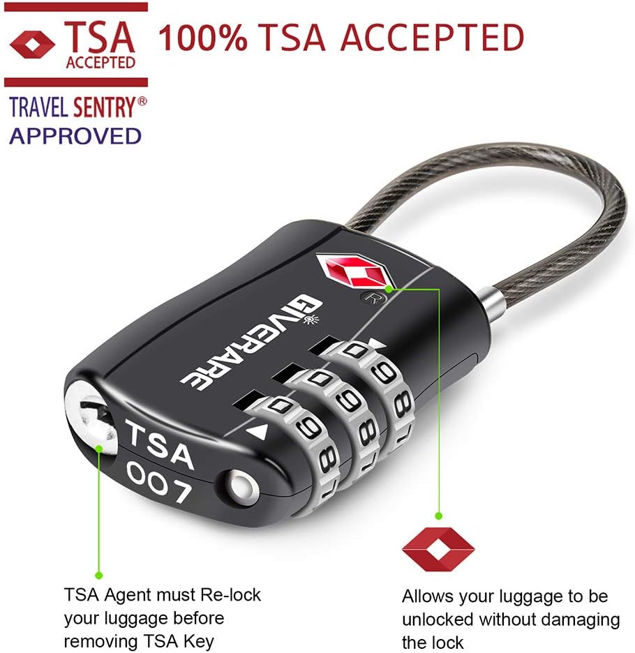 GIVERARE 2 PCS TSA Approved Luggage Locks, Combination Travel Cable Lock, Re-settable 3-Digit Padlocks with Alloy Body, Keyless Travel Sentry Accepted Padlock for Gym Locker, Golf Bag Case-Black - Image 3