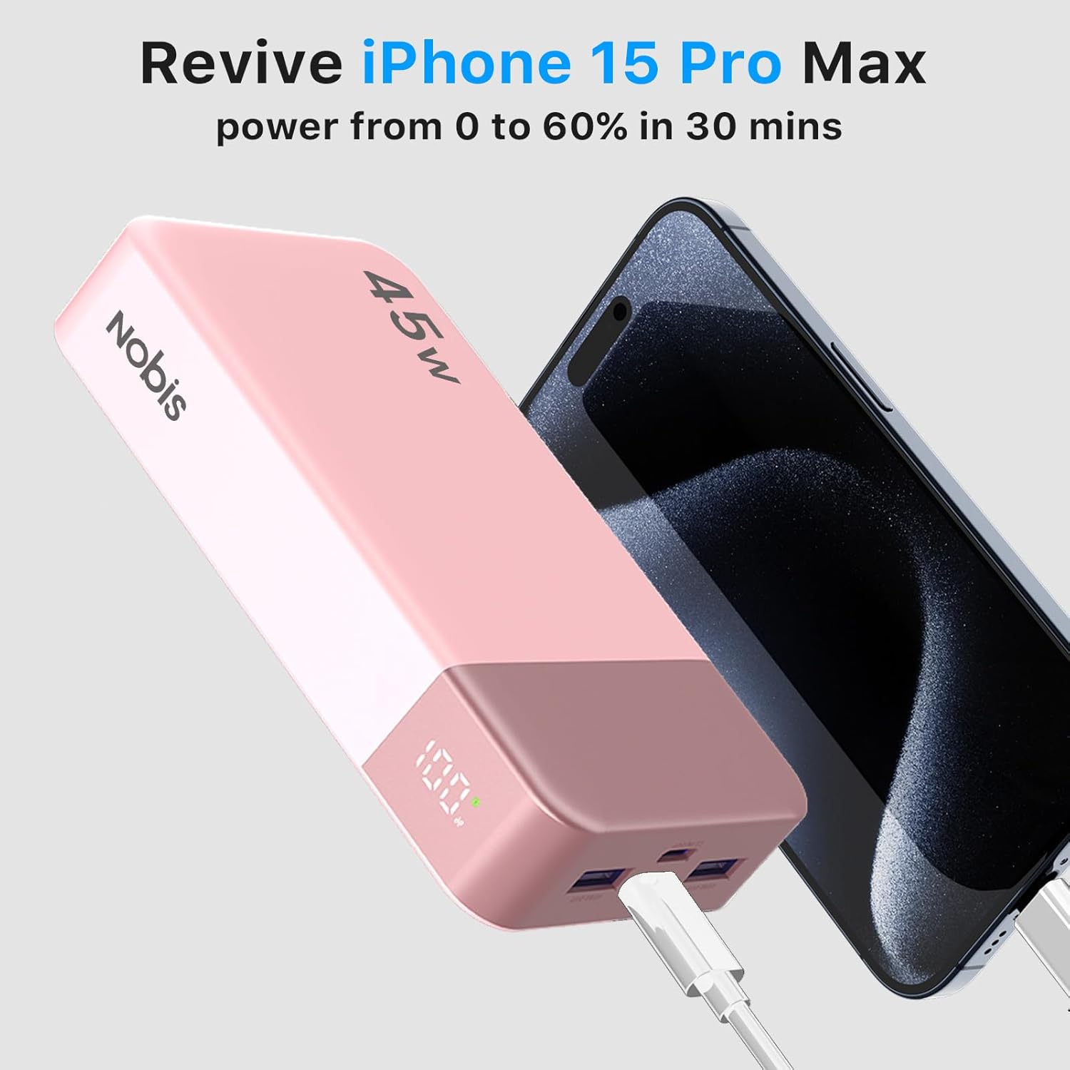 NOBIS Portable Charger, 20000mAh Power Bank, 45W Power Bank Fast Charging, Battery Pack with C to C Cable, Battery Bank with Digital Display for Phone Android Laptop etc (Pink) - Image 3