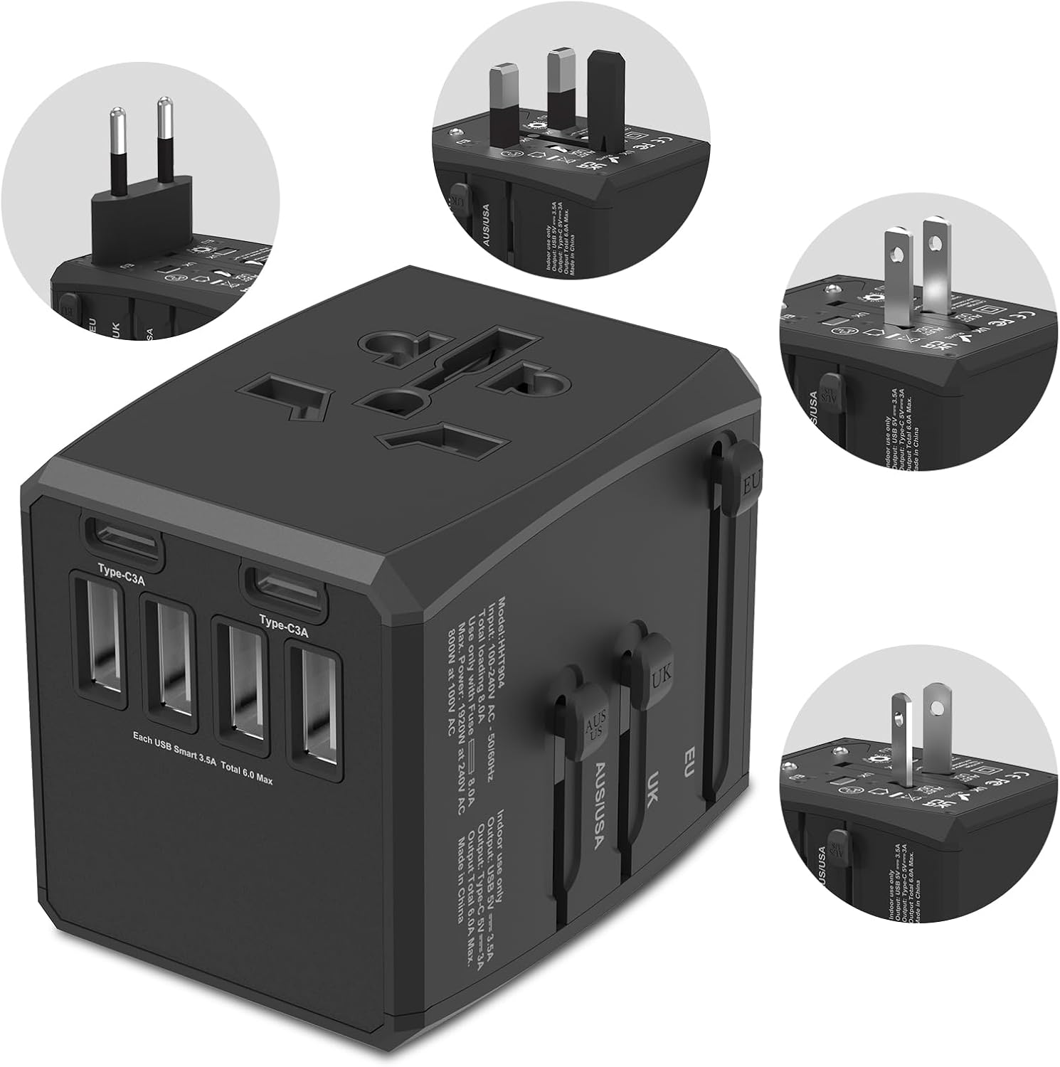 Universal Travel Adapter, 6-Port 6.0A 30W International Power Adapter with 4 USB-A, 2 USB-C Ports & 1 AC Outlet, European Travel Plug Adapter Travel Essentials(Type C/G/A/I) - Image 2