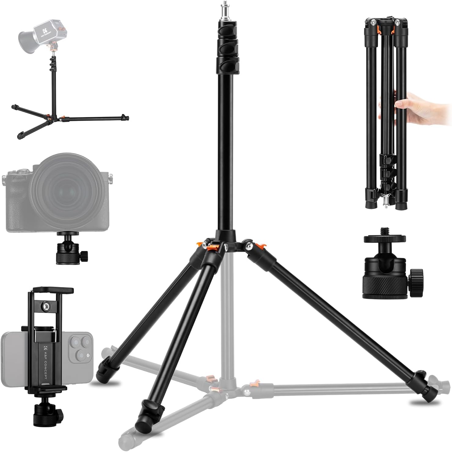 K&F CONCEPT Light Stand, 2.6m/8.5FT Aluminum Light Stand Tripod with Ball Head & Phone Tablet Holder, Portable Photography Stand for Studio Video, Ring Light, Softbox, Camera - Image 2