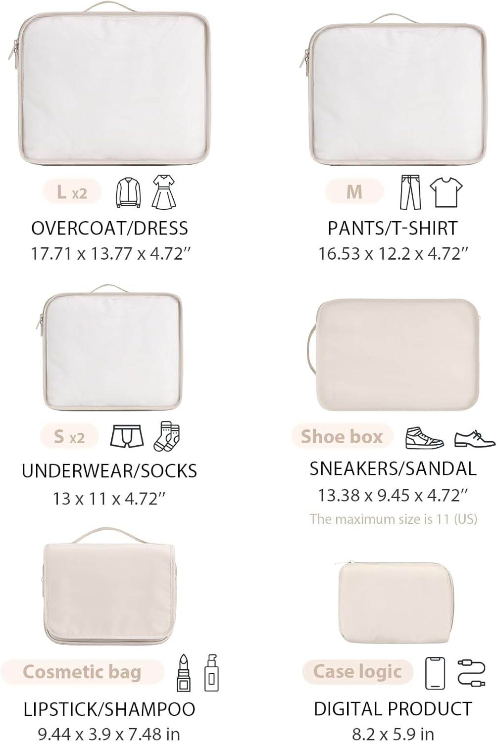 DIMJ Packing Cubes for Travel - 8 Pcs Lightweight Travel Cubes for Packing, Mesh Travel Packing Cubes Travel Packing Organizers with Large Toiletries Bag (Beige) - Image 3